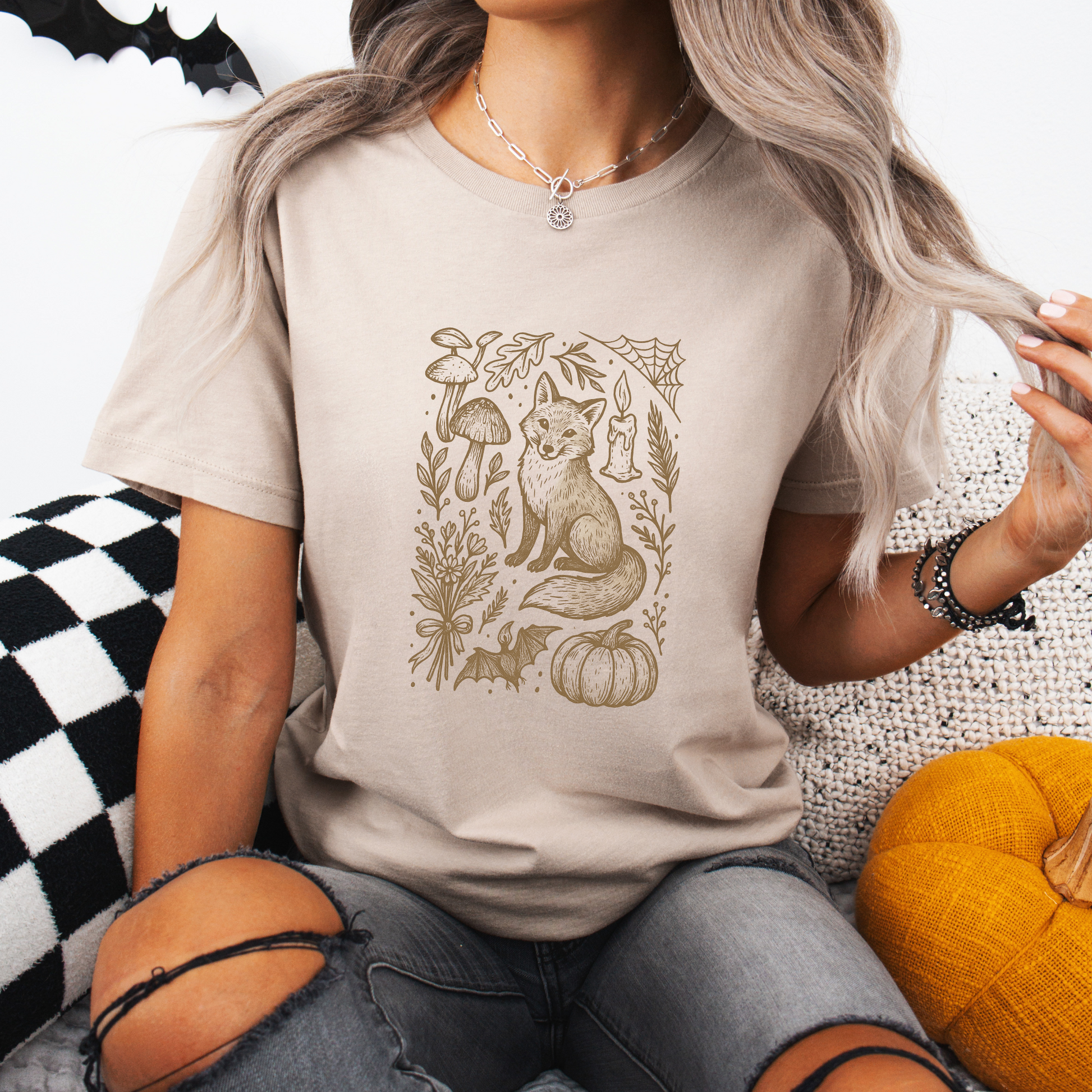 Doodle Fall Fox Shirt, Halloween Doodle Tee, Woodland Pumpkin T-Shirt, Autumn Fox & Mushroom Design