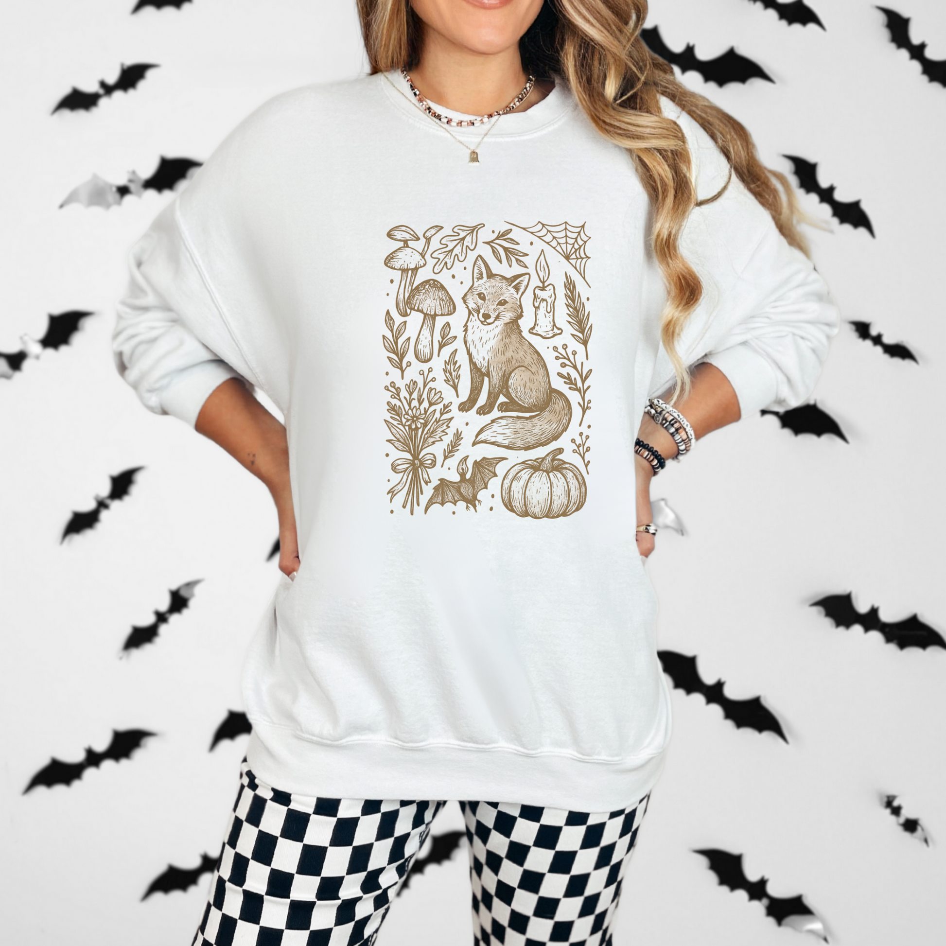Doodle Fall Fox Sweatshirt, Halloween Doodle Pullover, Woodland Pumpkin Crewneck, Autumn Fox & Mushroom Design