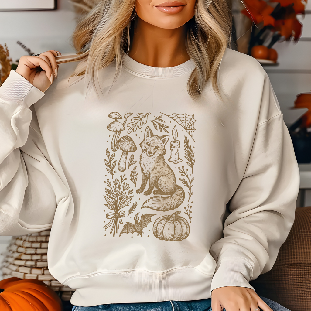 Doodle Fall Fox Sweatshirt, Halloween Doodle Pullover, Woodland Pumpkin Crewneck, Autumn Fox & Mushroom Design