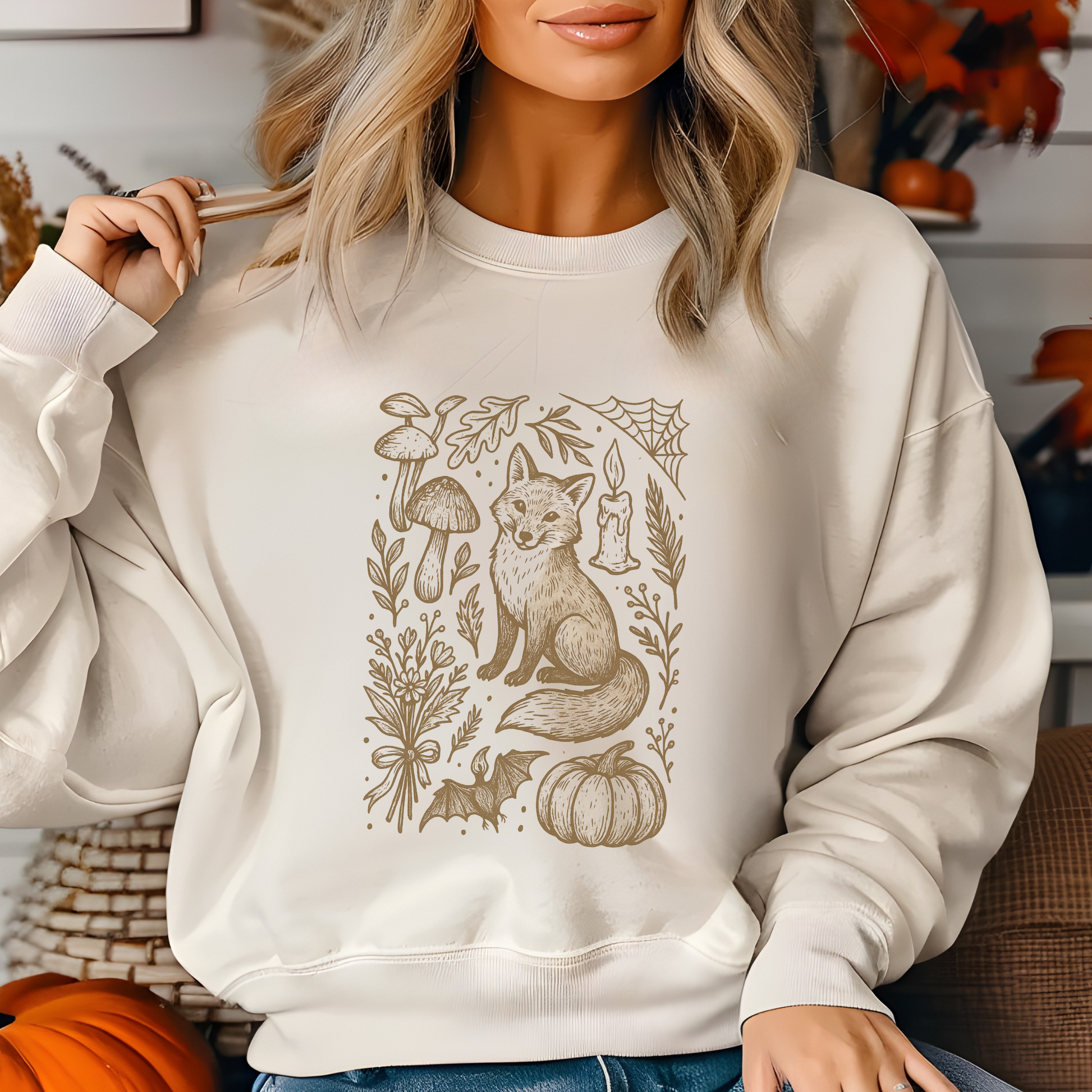 Doodle Fall Fox Sweatshirt, Halloween Doodle Pullover, Woodland Pumpkin Crewneck, Autumn Fox & Mushroom Design
