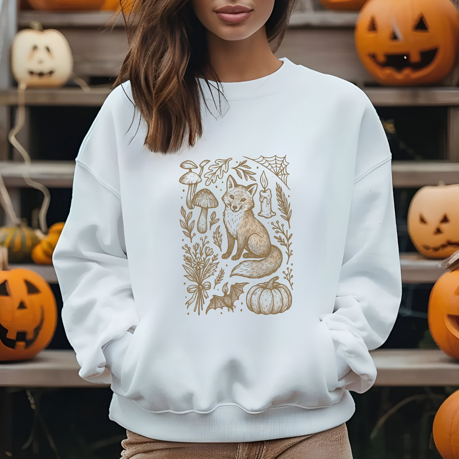Doodle Fall Fox Sweatshirt, Halloween Doodle Pullover, Woodland Pumpkin Crewneck, Autumn Fox & Mushroom Design