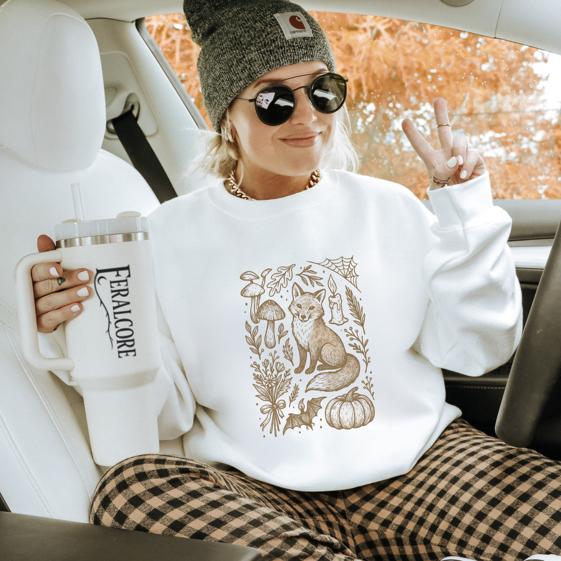 Doodle Fall Fox Sweatshirt, Halloween Doodle Pullover, Woodland Pumpkin Crewneck, Autumn Fox & Mushroom Design