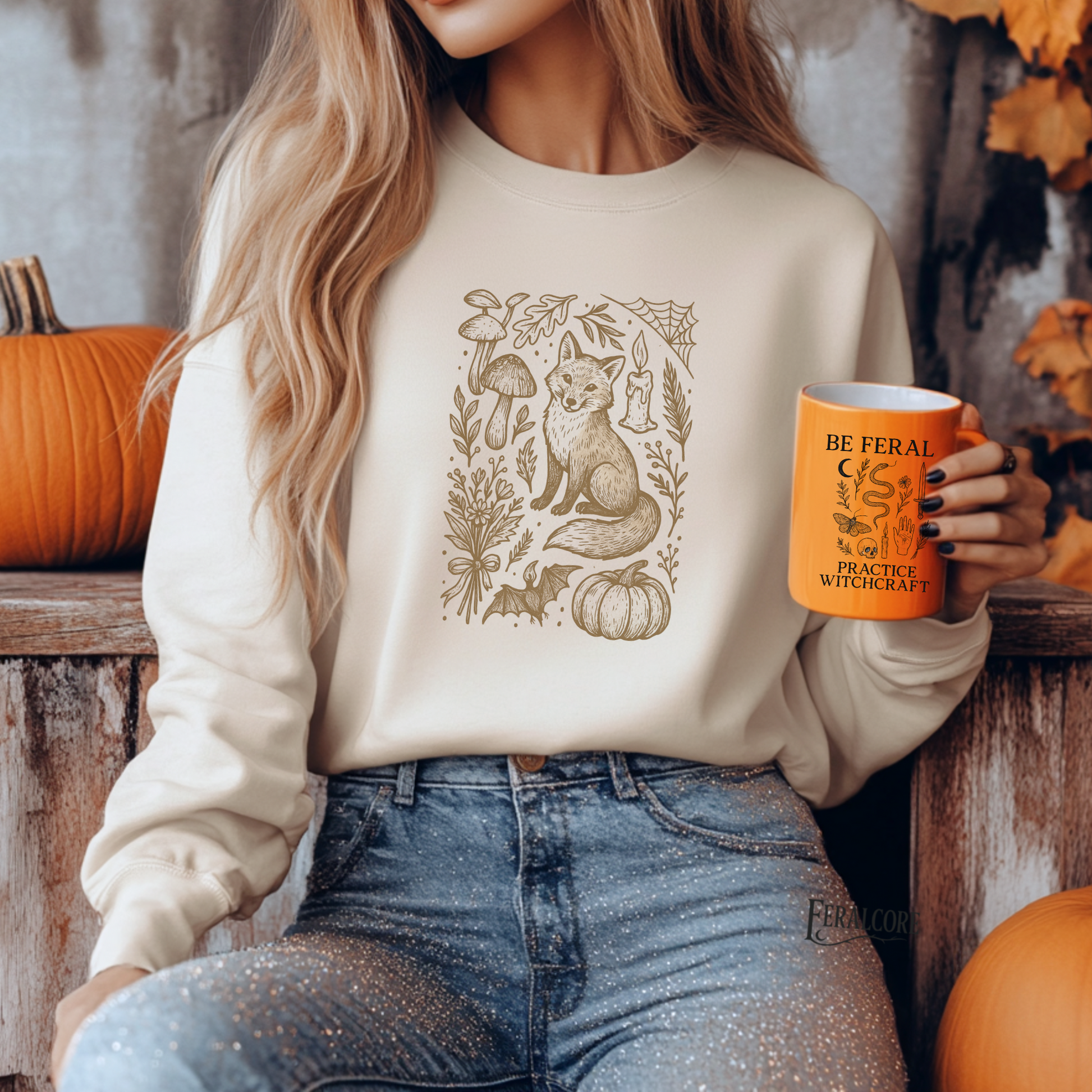 Doodle Fall Fox Sweatshirt, Halloween Doodle Pullover, Woodland Pumpkin Crewneck, Autumn Fox & Mushroom Design