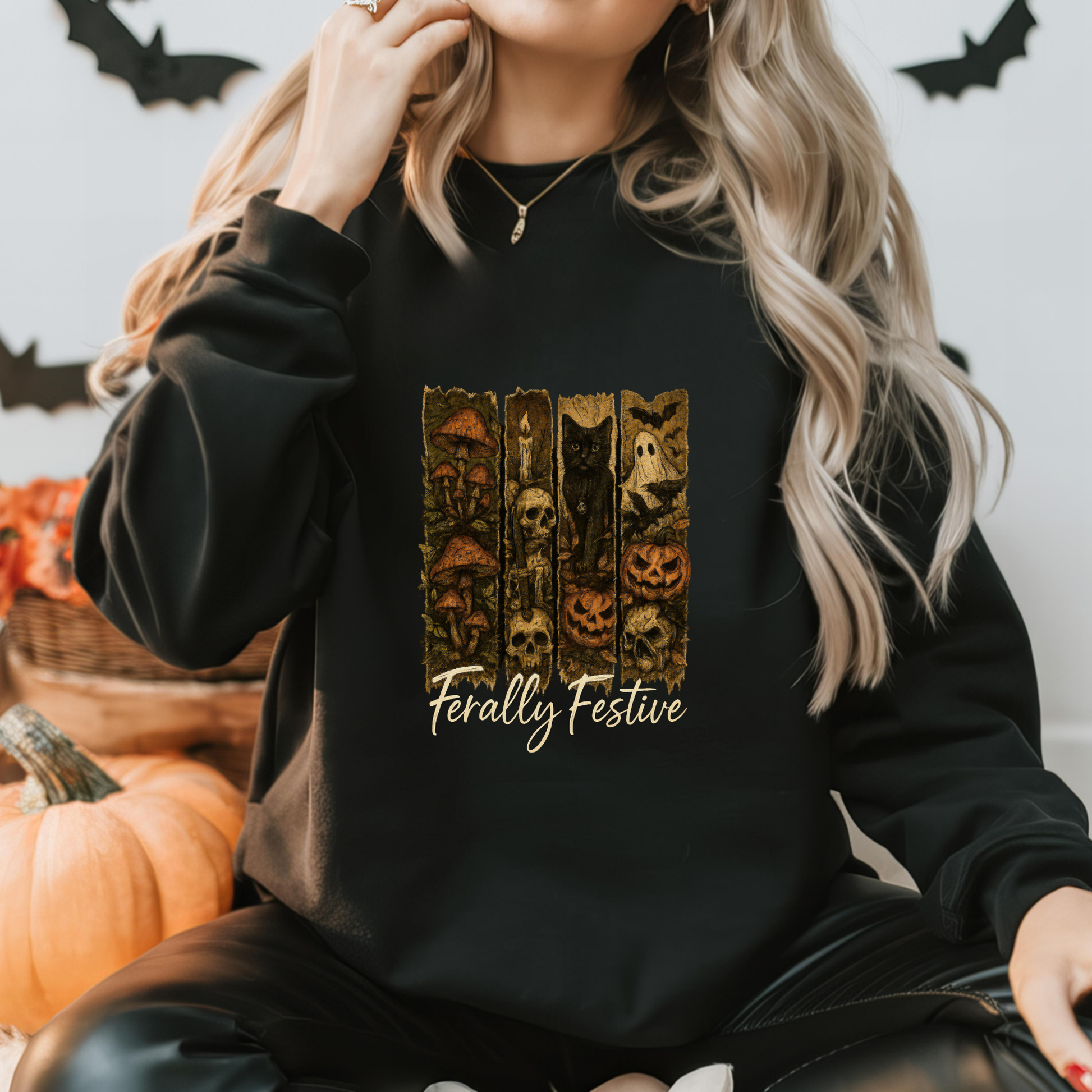 Feral Woman Halloween Sweatshirt – Gildan 18000 | Vintage Ghost Crewneck with Black Cat, Skulls, Mushrooms & Pumpkins