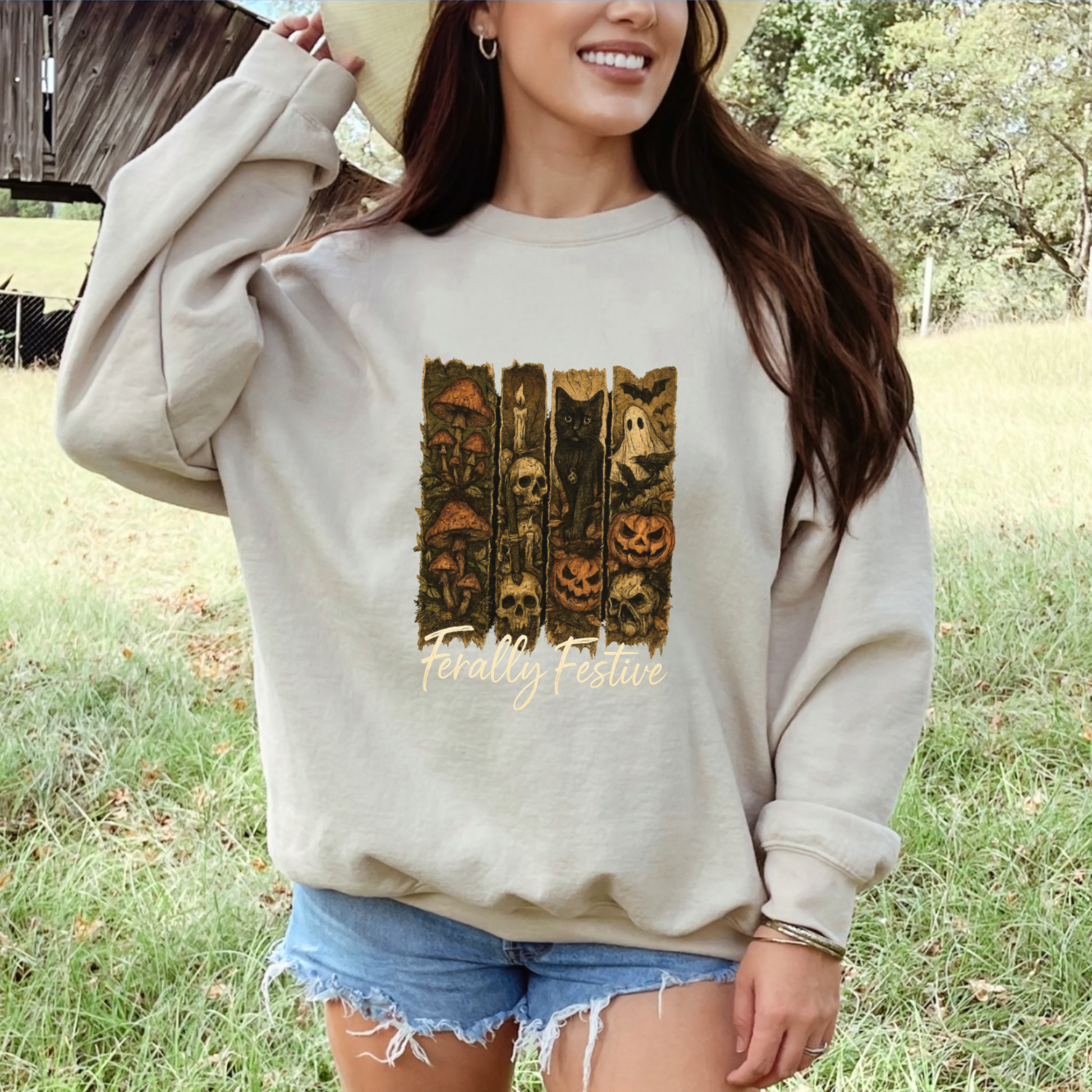 Feral Woman Halloween Sweatshirt – Gildan 18000 | Vintage Ghost Crewneck with Black Cat, Skulls, Mushrooms & Pumpkins