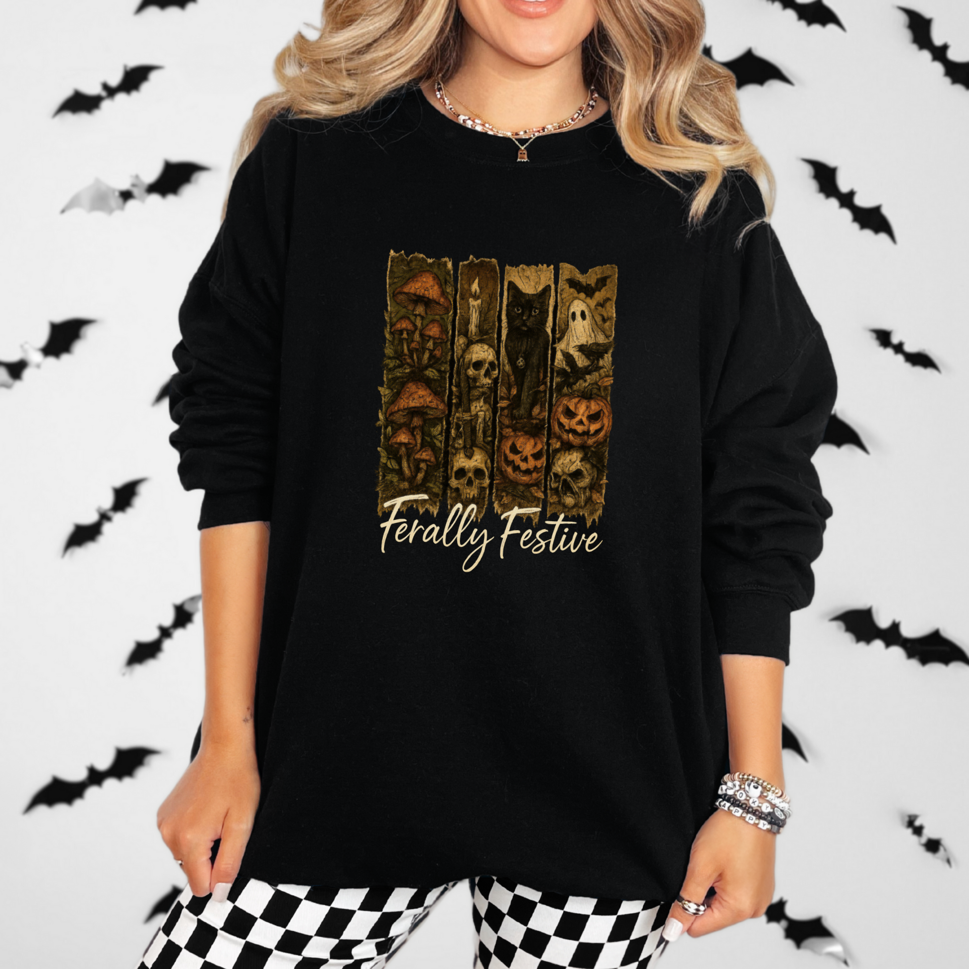 Feral Woman Halloween Sweatshirt – Gildan 18000 | Vintage Ghost Crewneck with Black Cat, Skulls, Mushrooms & Pumpkins