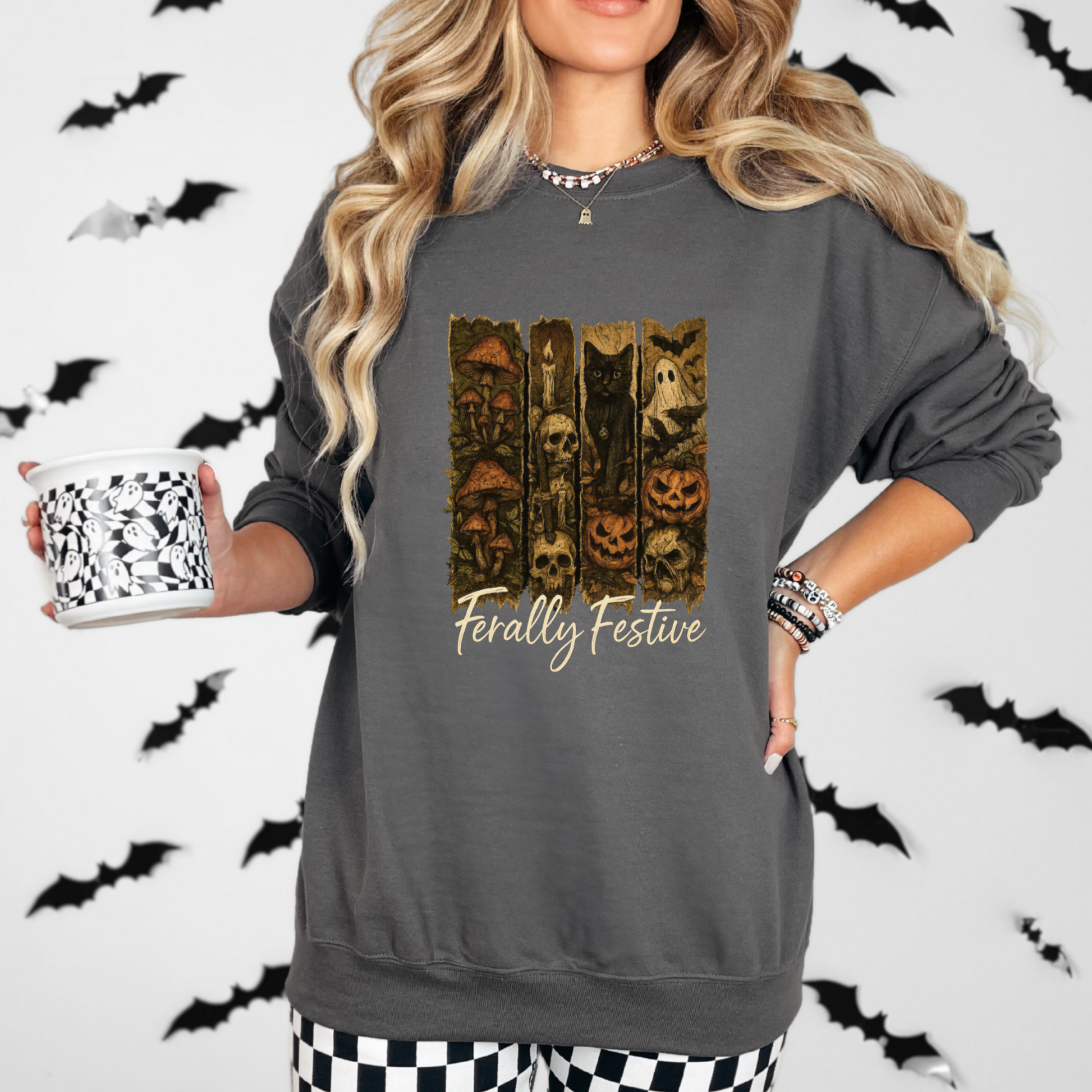 Feral Woman Halloween Sweatshirt – Gildan 18000 | Vintage Ghost Crewneck with Black Cat, Skulls, Mushrooms & Pumpkins