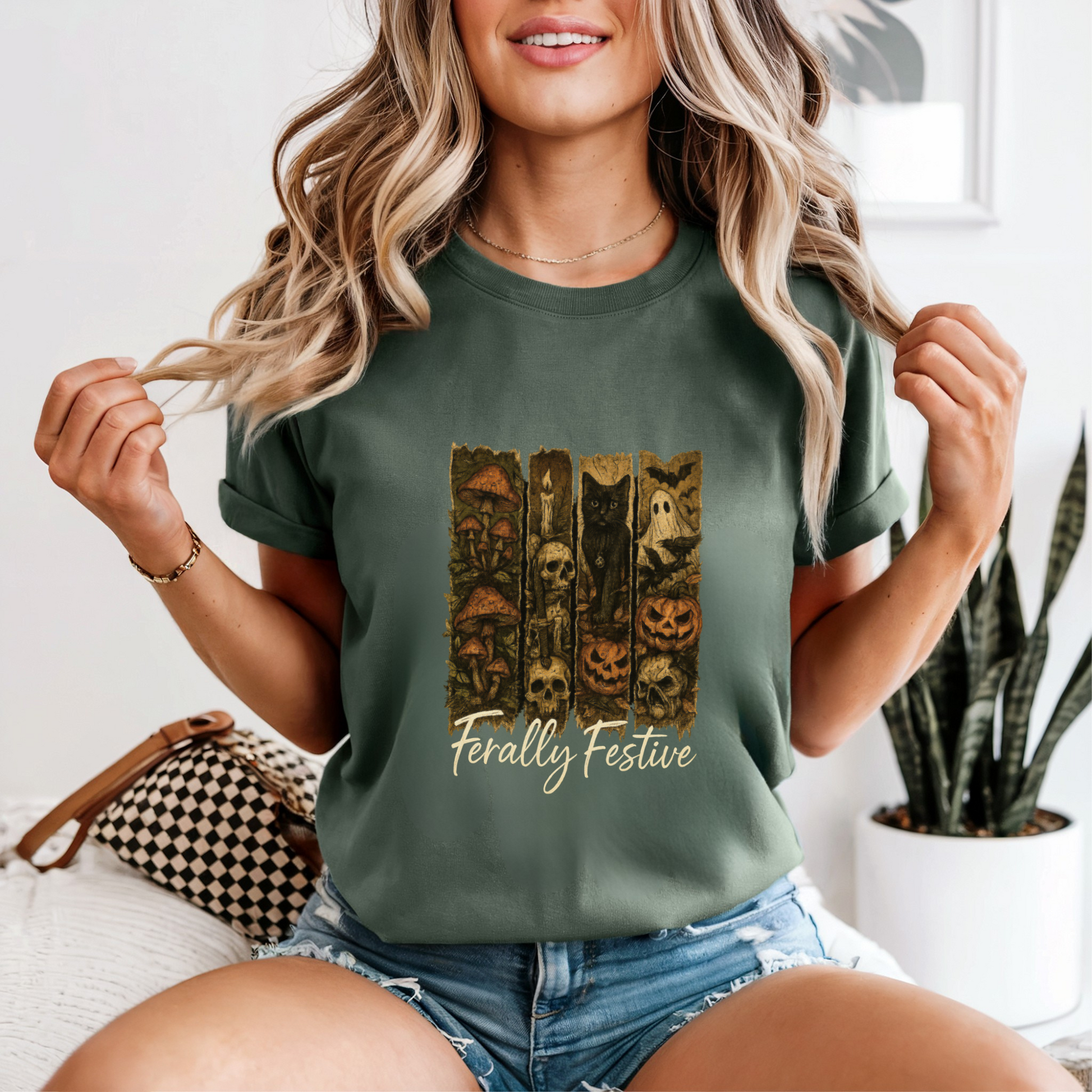 Feral Halloween Shirt – Comfort Colors® 1717 | Vintage Ghost, Witchy Black Cat, Cottagecore Mushrooms, Skulls & Pumpkins Tee