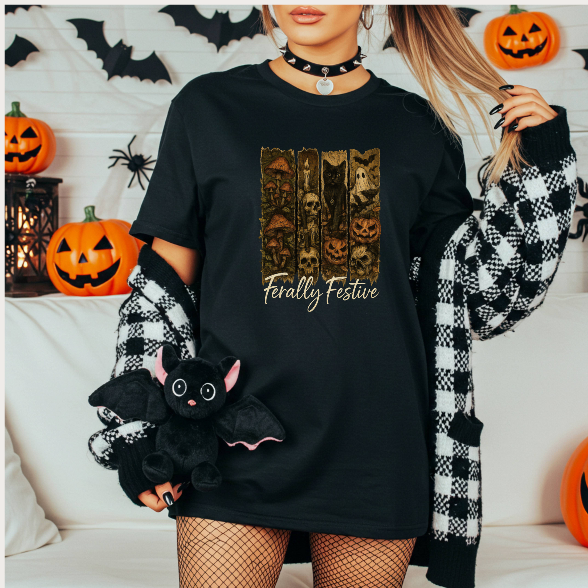 Feral Halloween Shirt – Comfort Colors® 1717 | Vintage Ghost, Witchy Black Cat, Cottagecore Mushrooms, Skulls & Pumpkins Tee