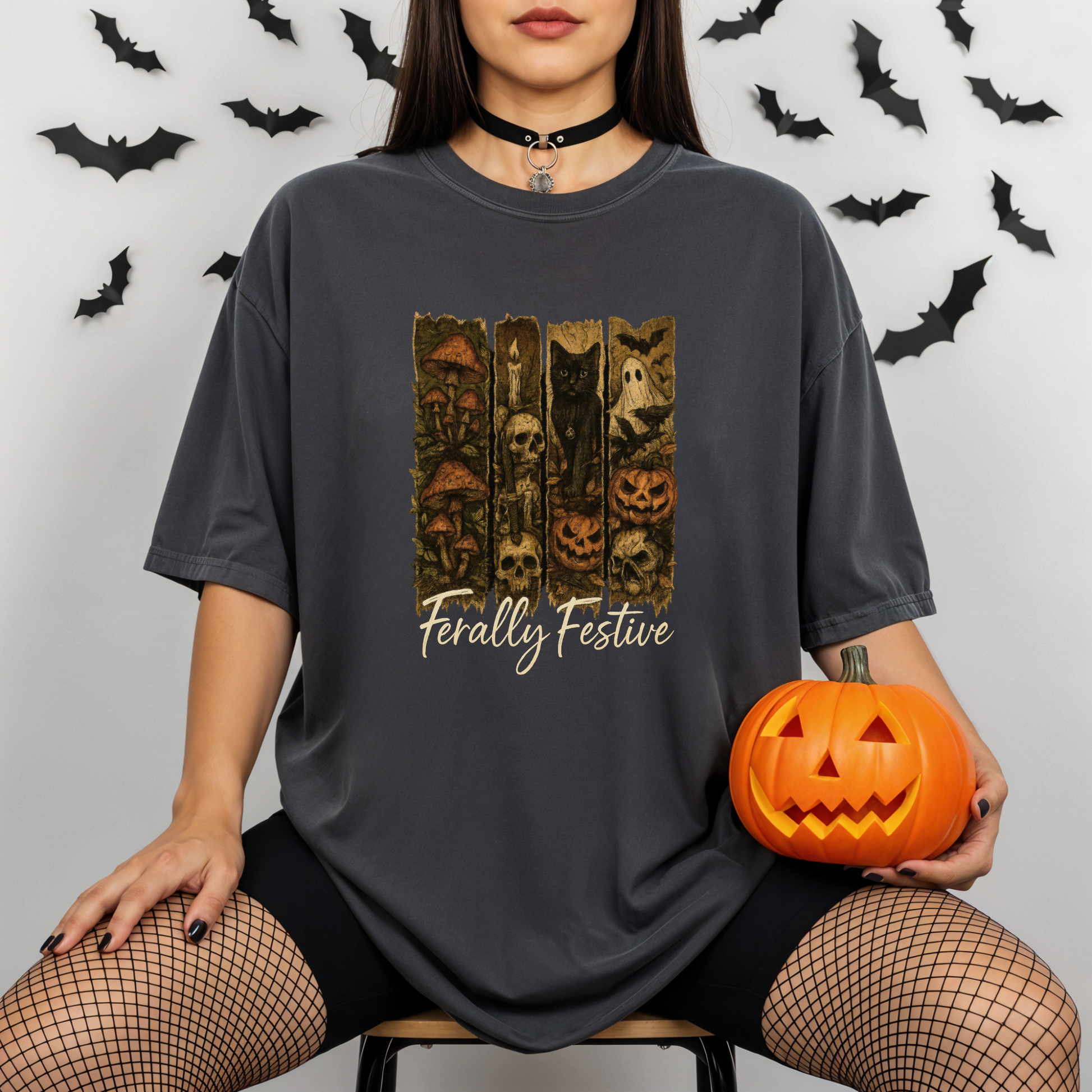 Feral Halloween Shirt – Comfort Colors® 1717 | Vintage Ghost, Witchy Black Cat, Cottagecore Mushrooms, Skulls & Pumpkins Tee