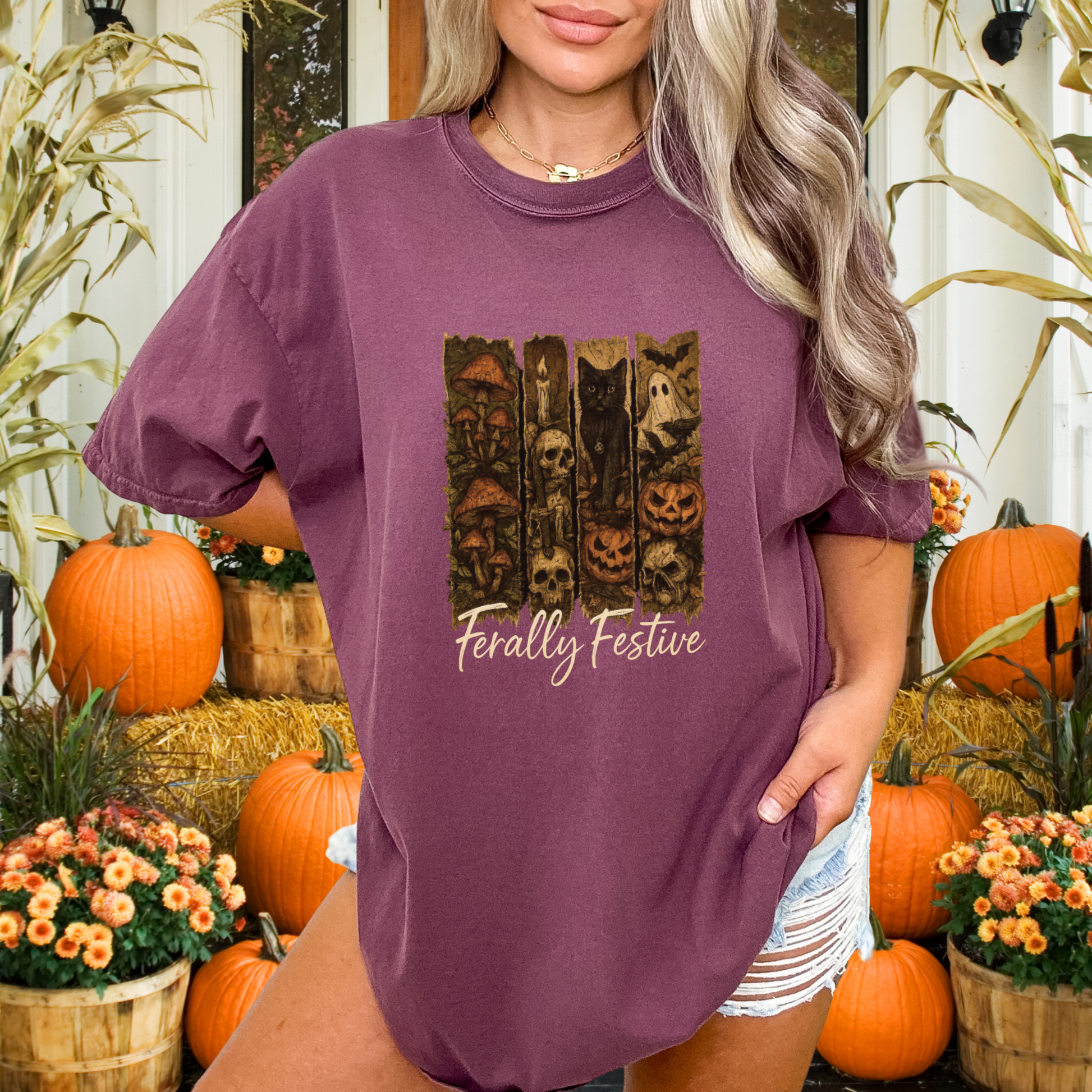 Feral Halloween Shirt – Comfort Colors® 1717 | Vintage Ghost, Witchy Black Cat, Cottagecore Mushrooms, Skulls & Pumpkins Tee