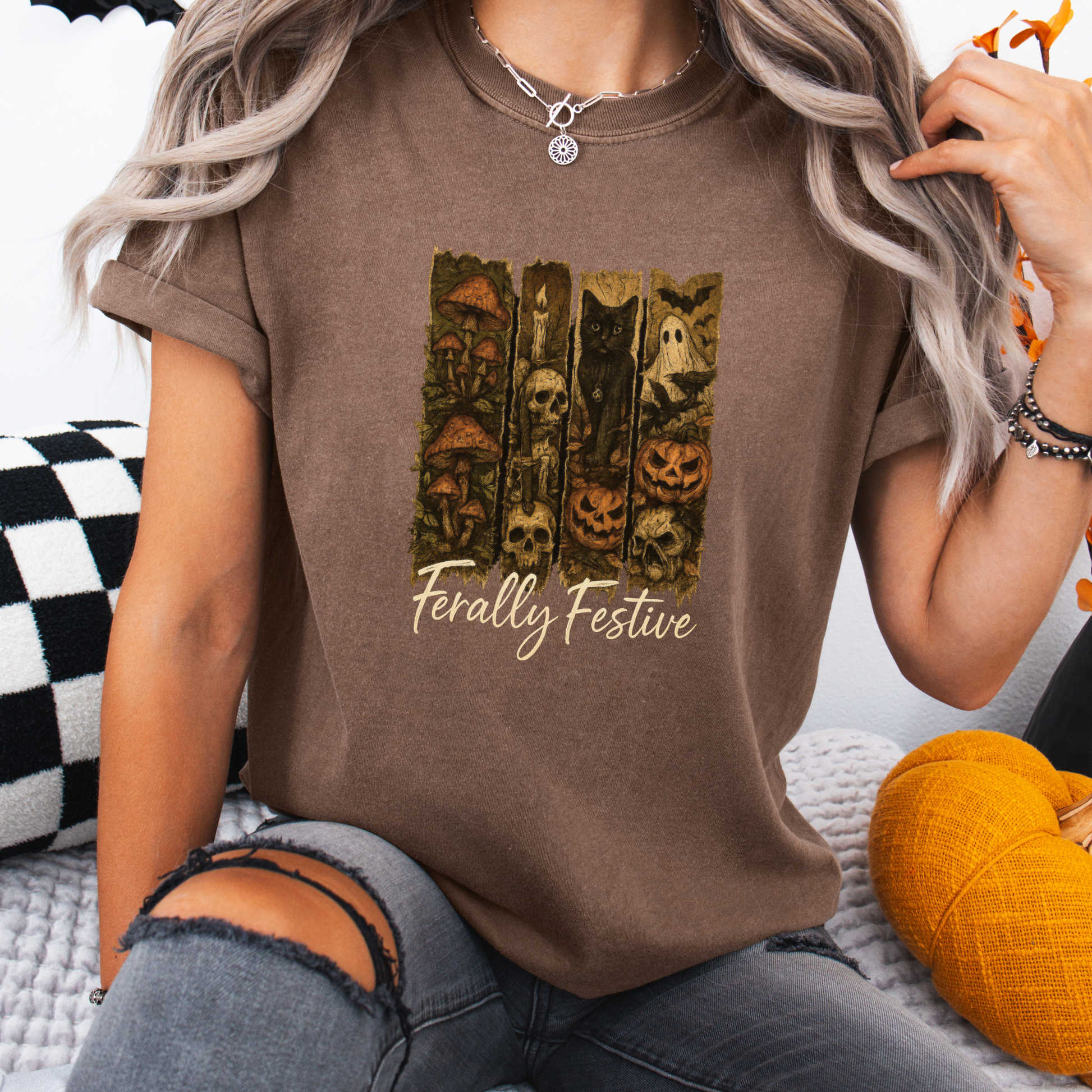 Feral Halloween Shirt – Comfort Colors® 1717 | Vintage Ghost, Witchy Black Cat, Cottagecore Mushrooms, Skulls & Pumpkins Tee