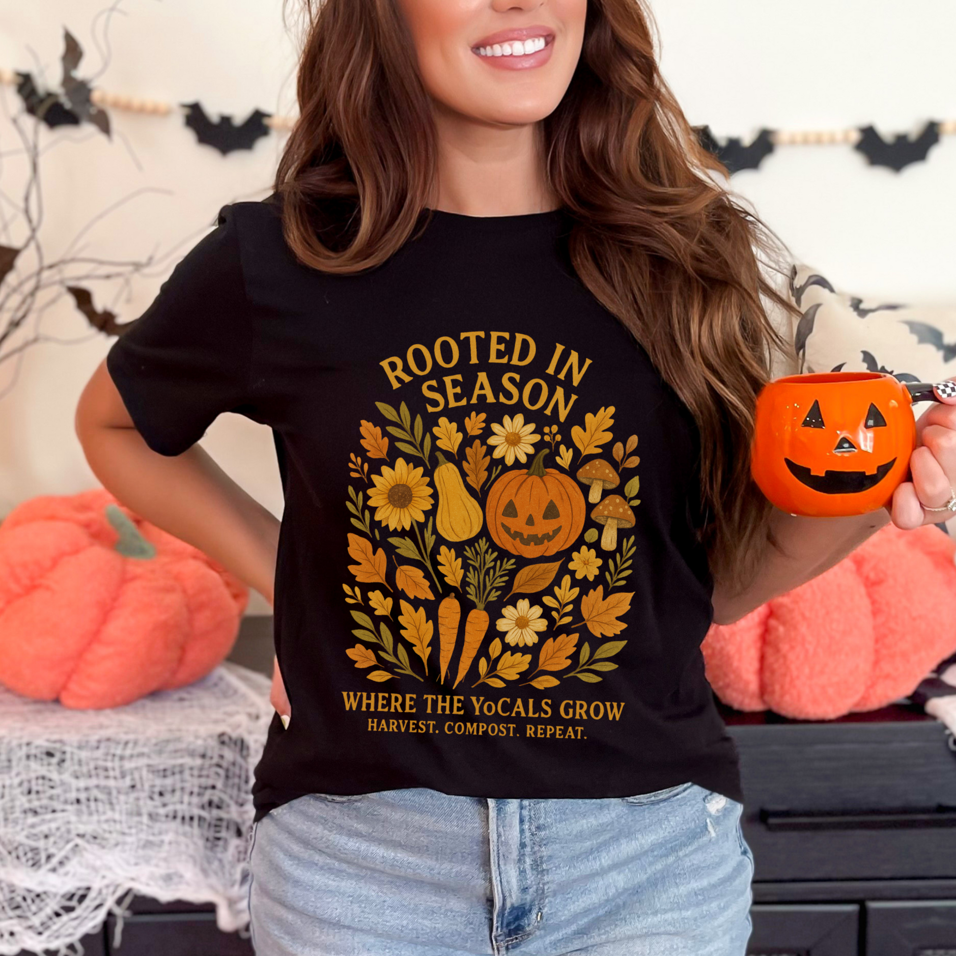 Rooted in Season – Fall Garden Graphic Tee | Soft Autumn Pumpkin Shirt | Where the YoCals Grow