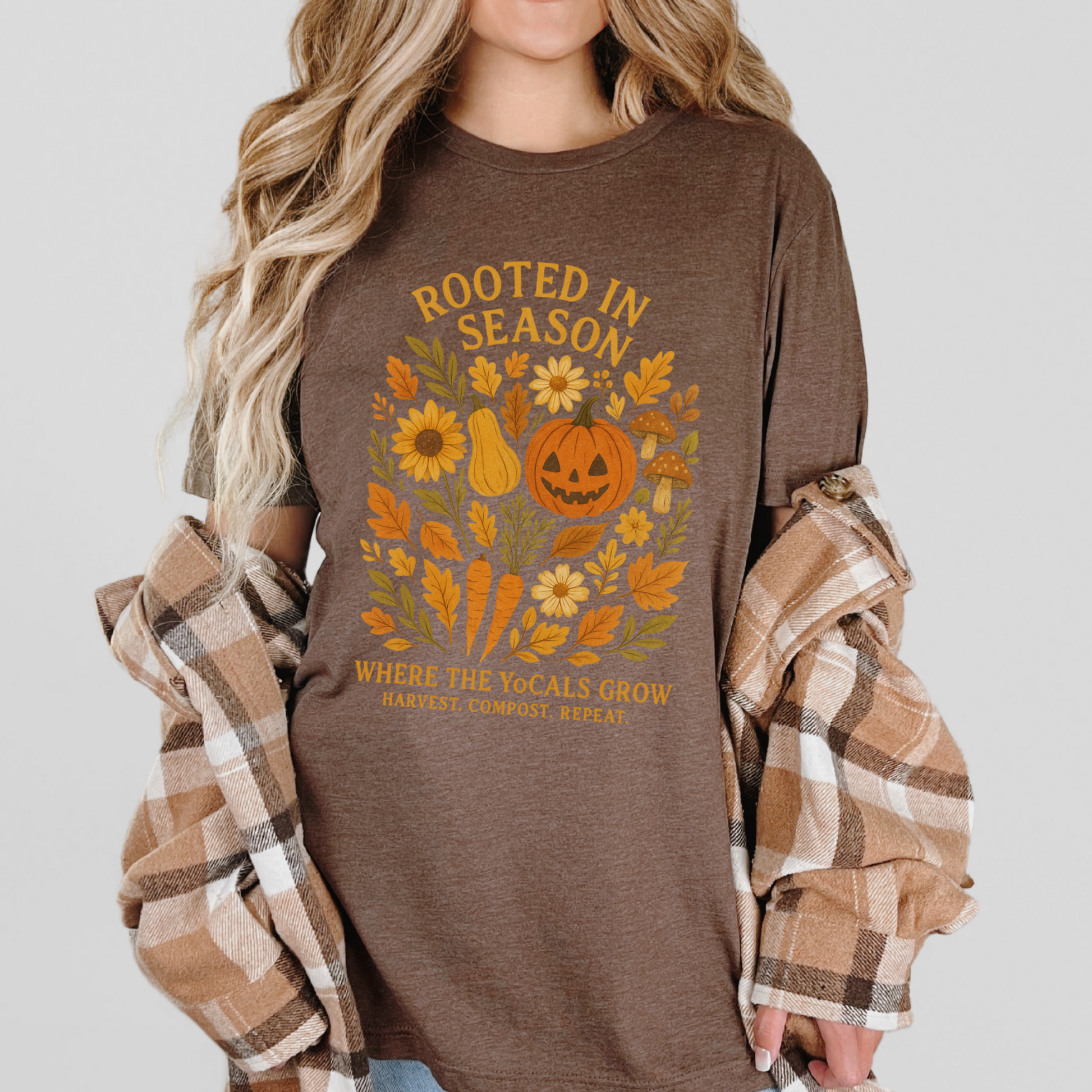 Rooted in Season – Fall Garden Graphic Tee | Soft Autumn Pumpkin Shirt | Where the YoCals Grow