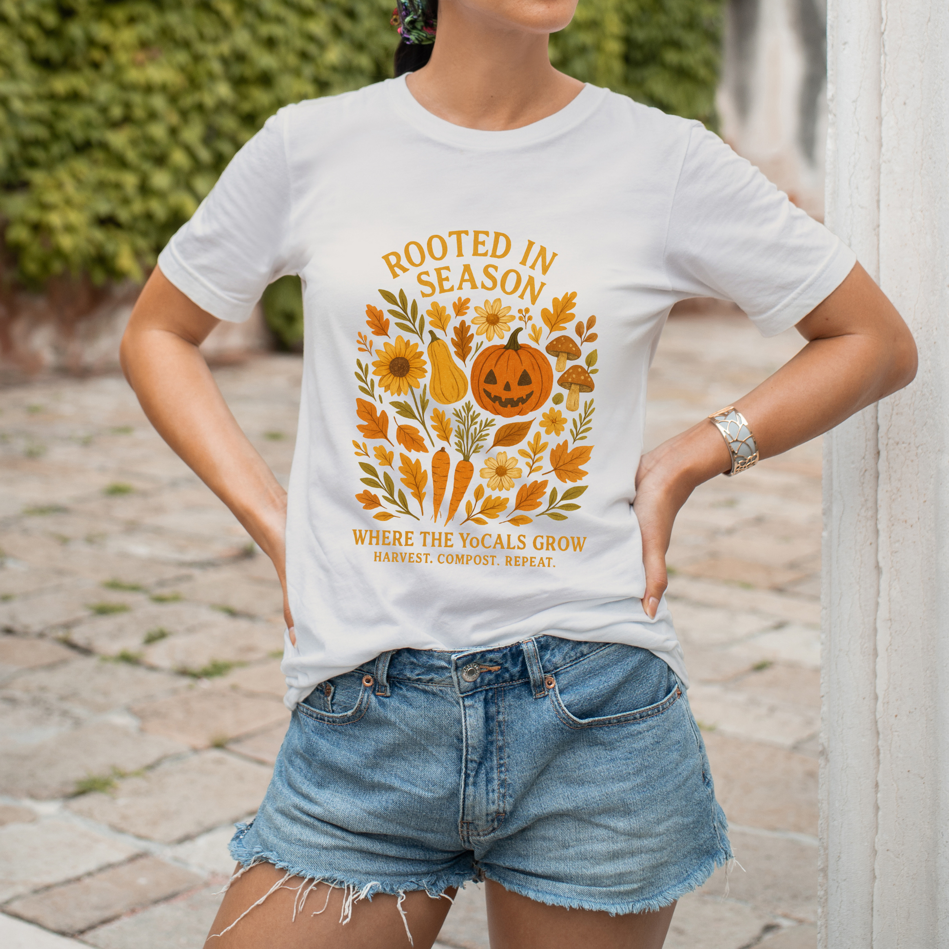 Rooted in Season – Fall Garden Graphic Tee | Soft Autumn Pumpkin Shirt | Where the YoCals Grow