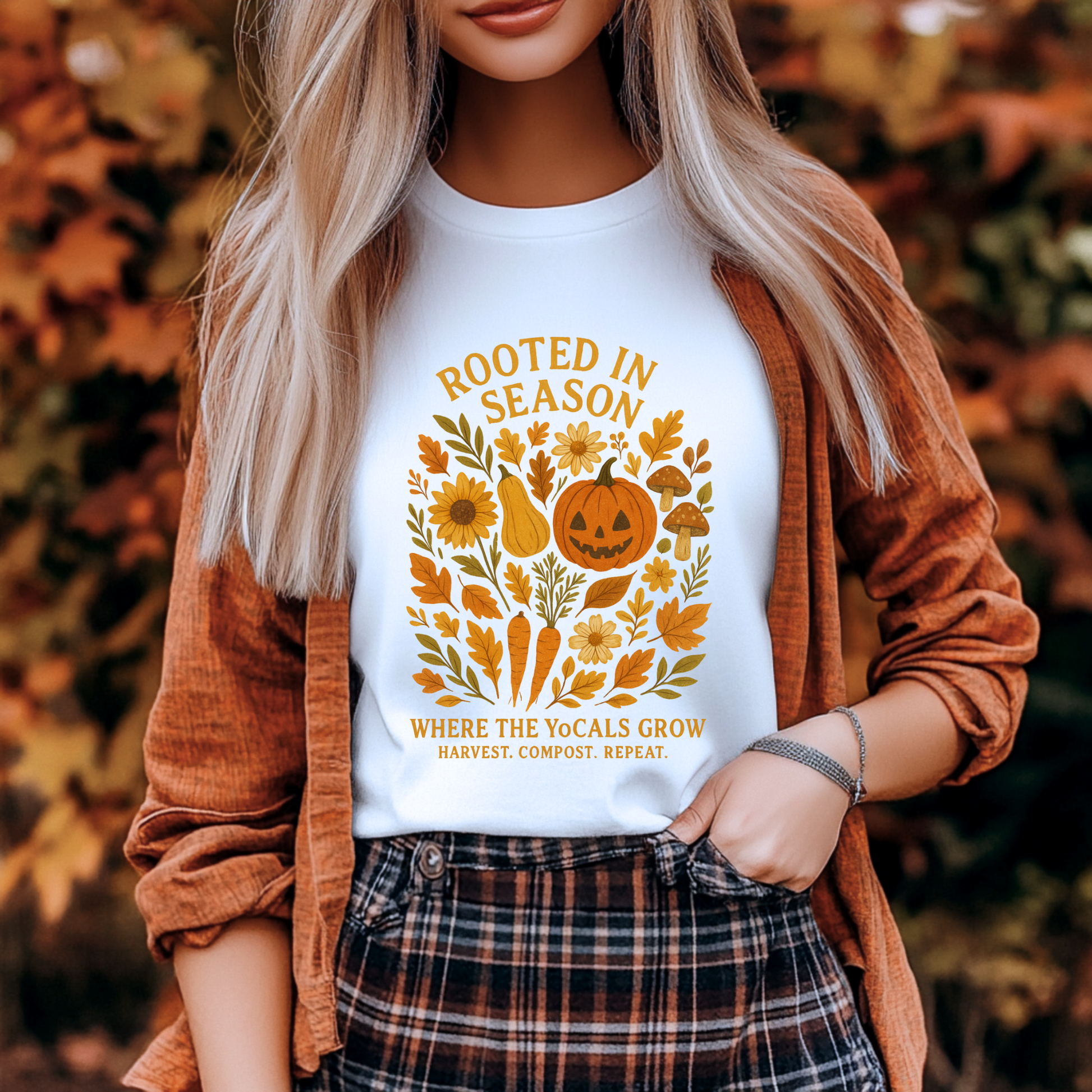 Rooted in Season – Fall Garden Graphic Tee | Soft Autumn Pumpkin Shirt | Where the YoCals Grow