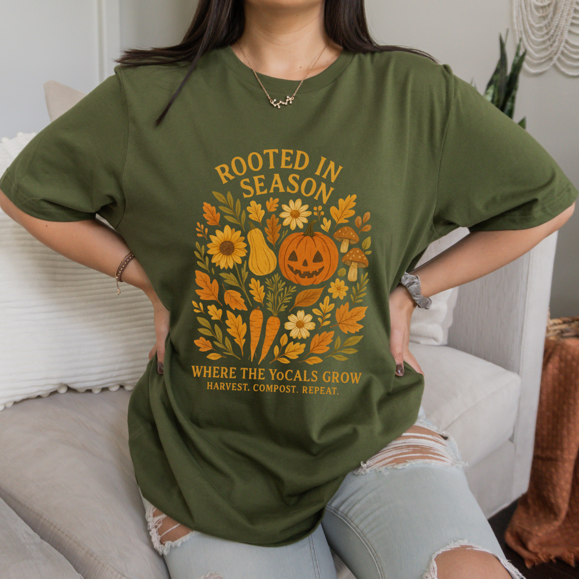 Rooted in Season – Fall Garden Graphic Tee | Soft Autumn Pumpkin Shirt | Where the YoCals Grow