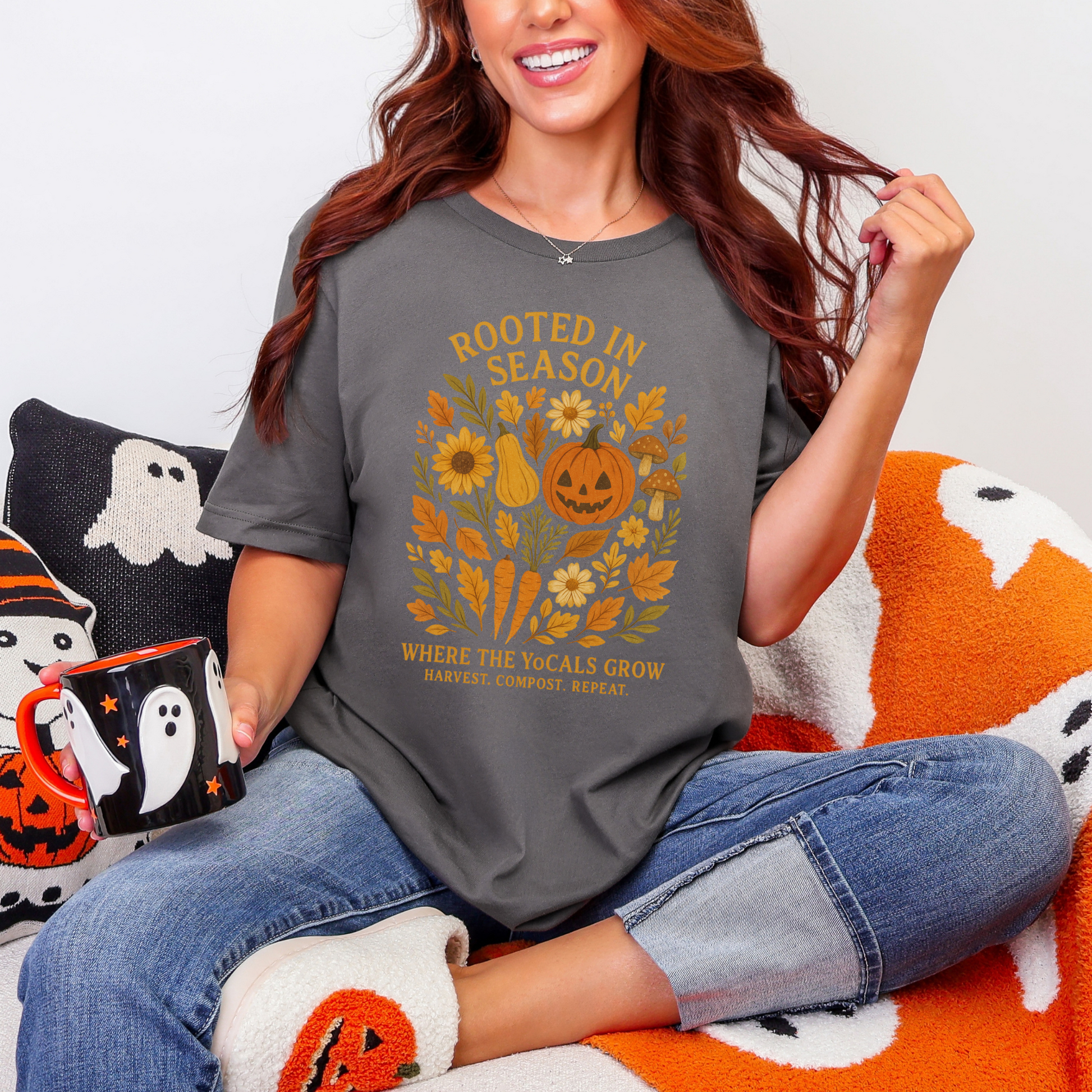 Rooted in Season – Fall Garden Graphic Tee | Soft Autumn Pumpkin Shirt | Where the YoCals Grow