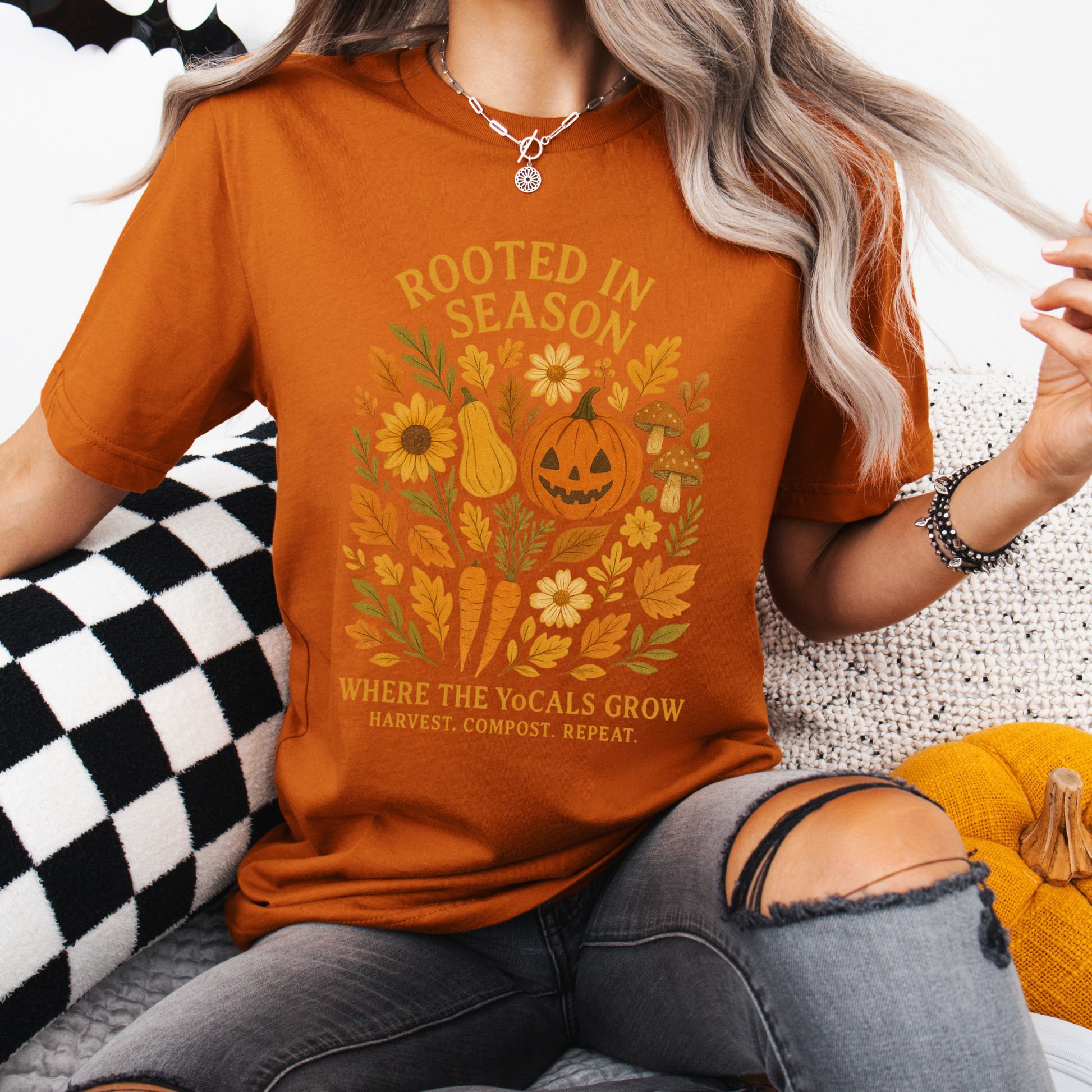 Rooted in Season – Fall Garden Graphic Tee | Soft Autumn Pumpkin Shirt | Where the YoCals Grow
