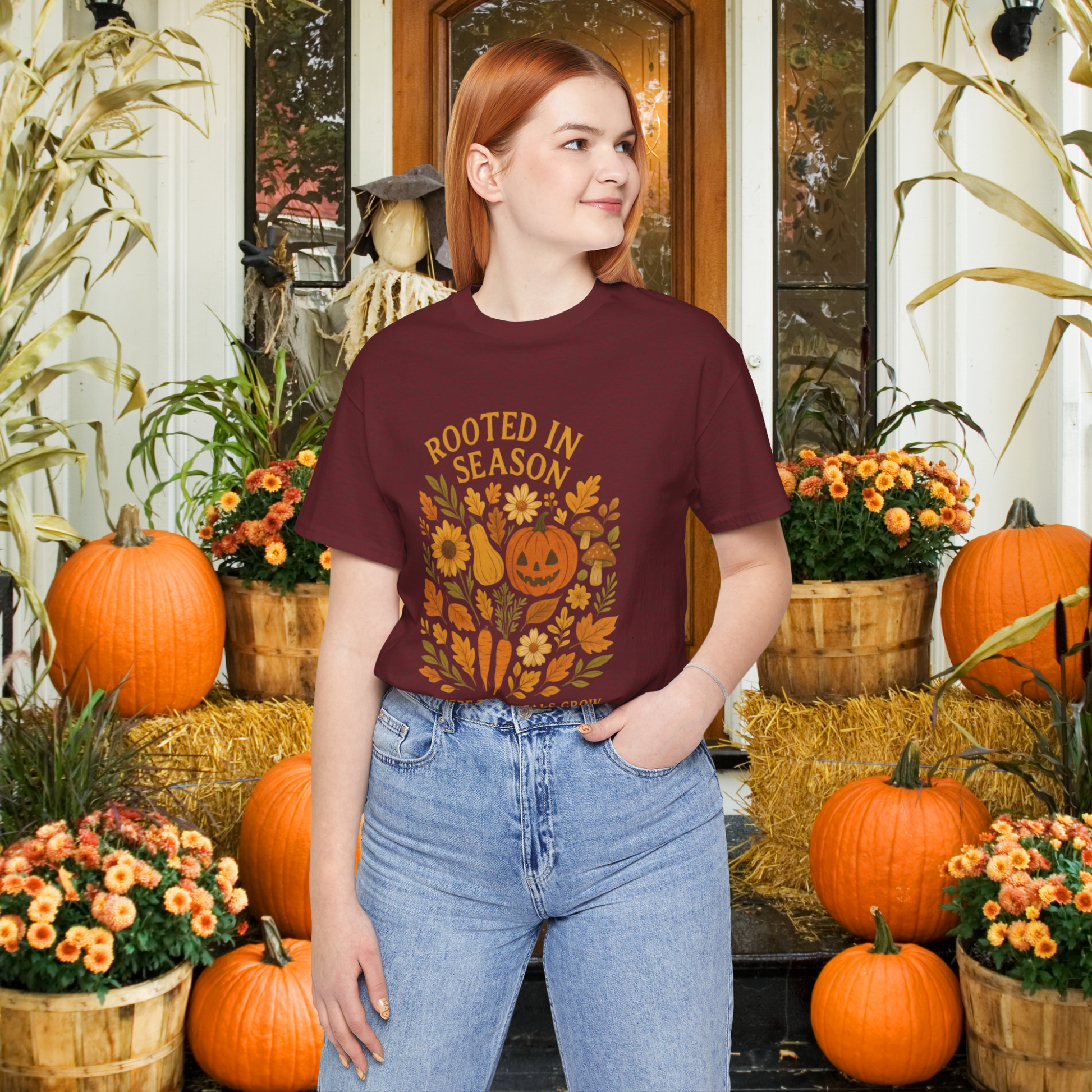 Rooted in Season – Fall Garden Graphic Tee | Soft Autumn Pumpkin Shirt | Where the YoCals Grow