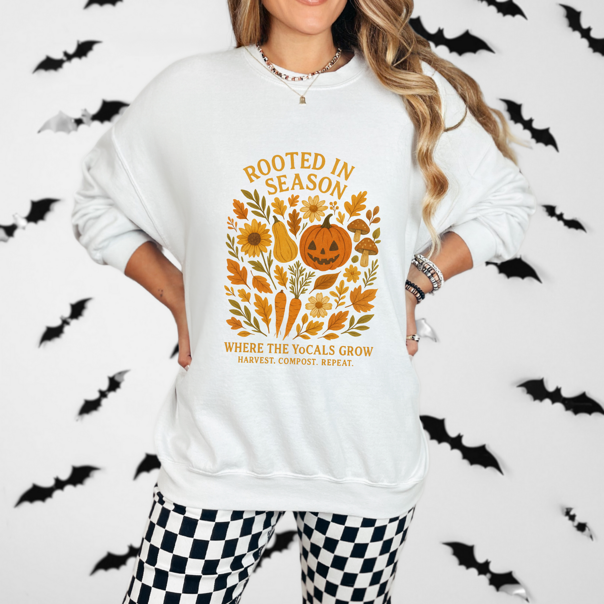 Rooted in Season – Fall Garden Crewneck Sweatshirt | Cozy Autumn Harvest Hoodie | Where the YoCals Grow
