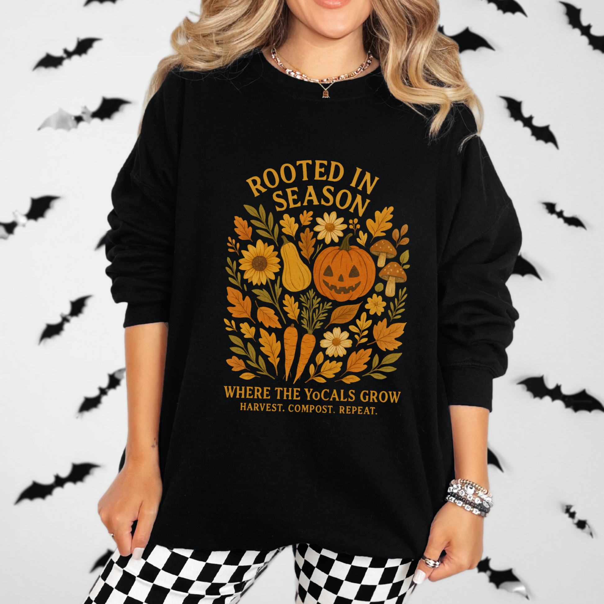 Rooted in Season – Fall Garden Crewneck Sweatshirt | Cozy Autumn Harvest Hoodie | Where the YoCals Grow