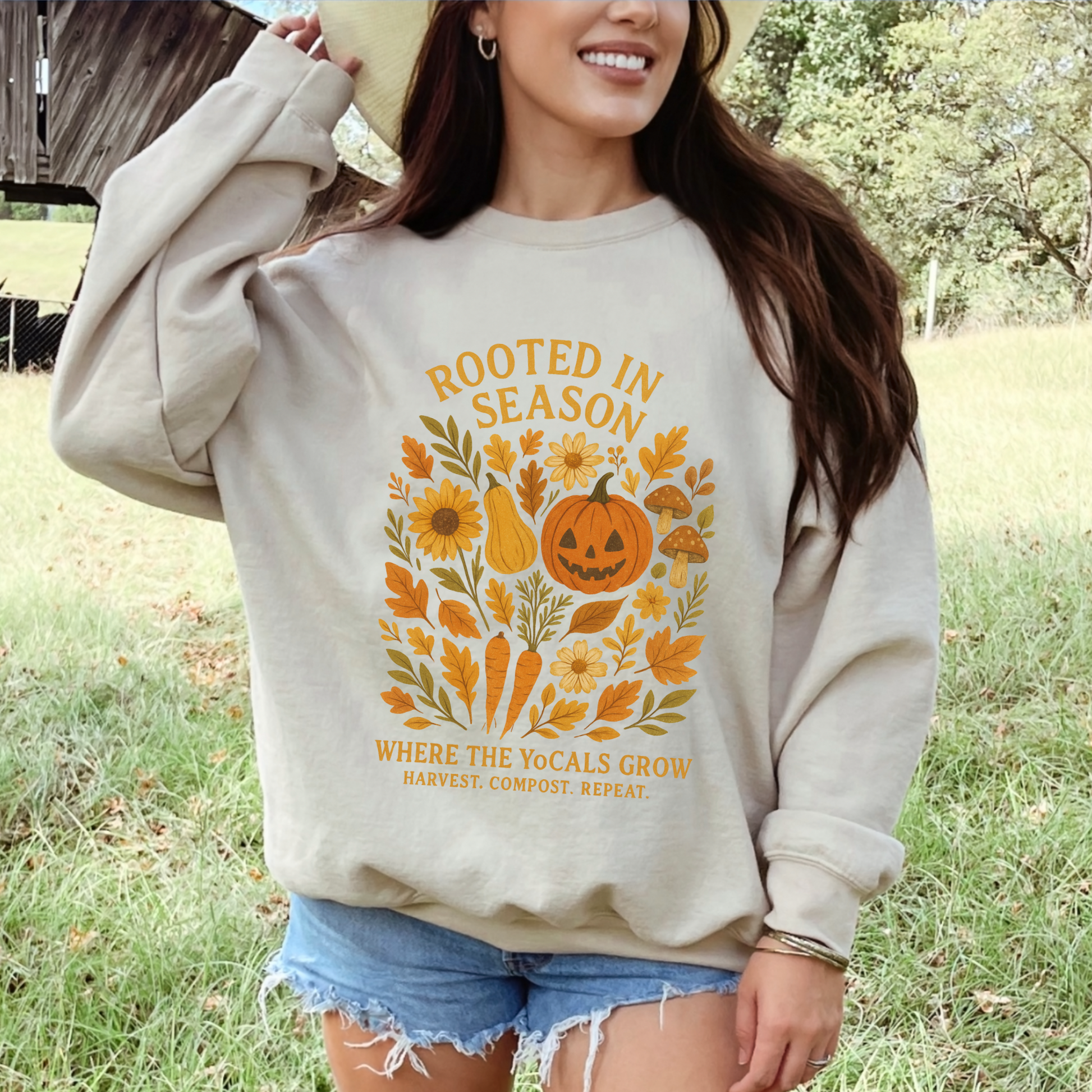 Rooted in Season – Fall Garden Crewneck Sweatshirt | Cozy Autumn Harvest Hoodie | Where the YoCals Grow