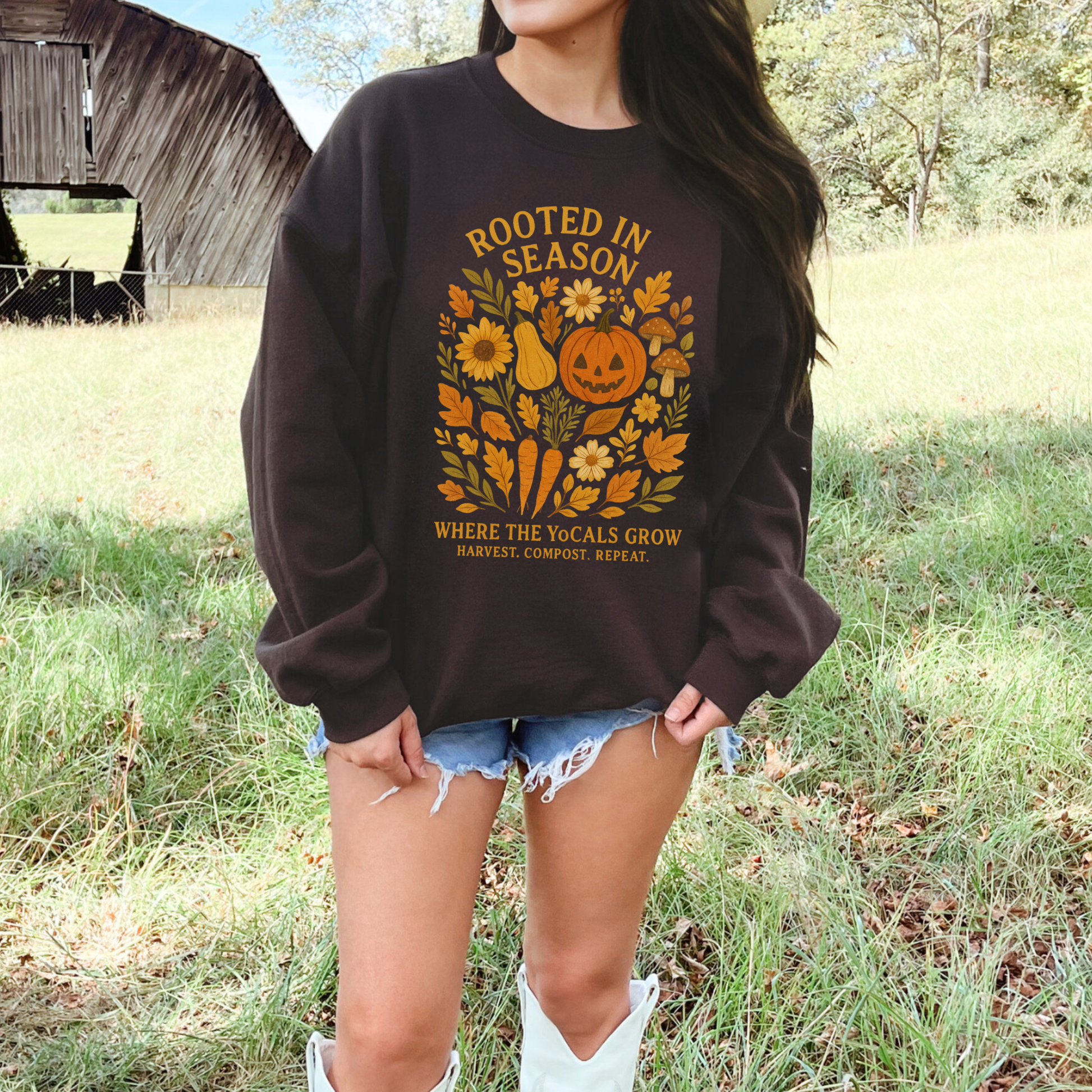 Rooted in Season – Fall Garden Crewneck Sweatshirt | Cozy Autumn Harvest Hoodie | Where the YoCals Grow