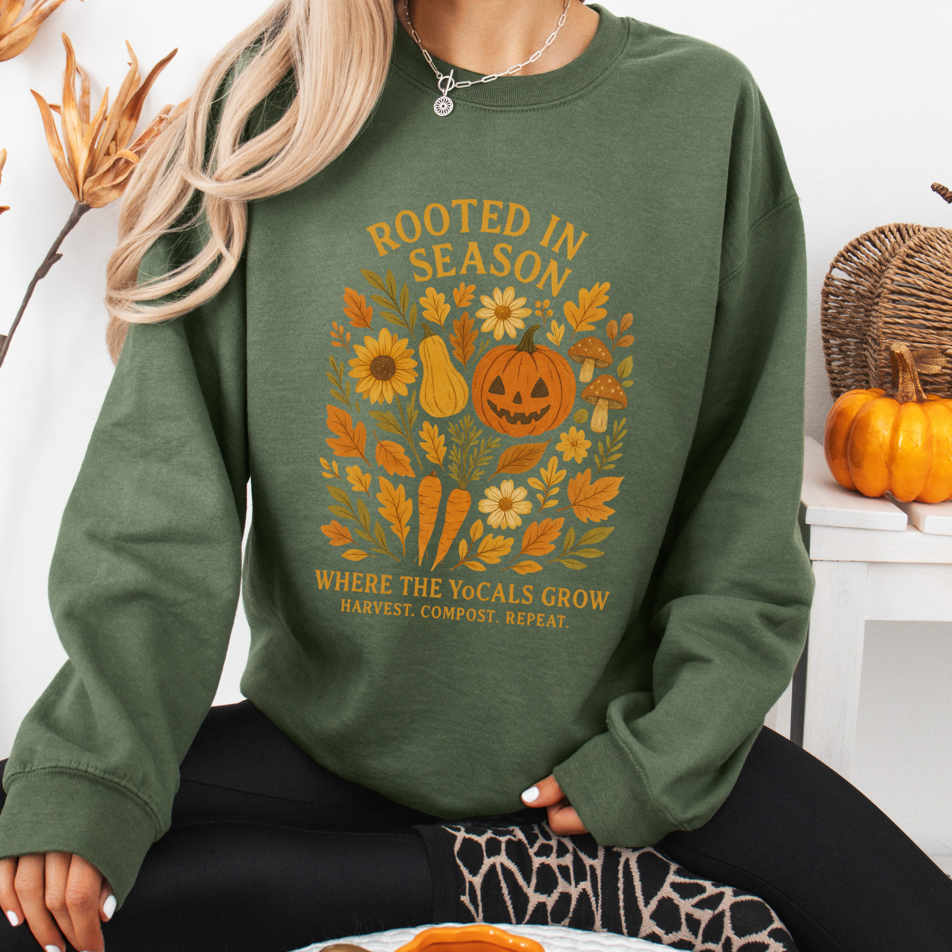 Rooted in Season – Fall Garden Crewneck Sweatshirt | Cozy Autumn Harvest Hoodie | Where the YoCals Grow