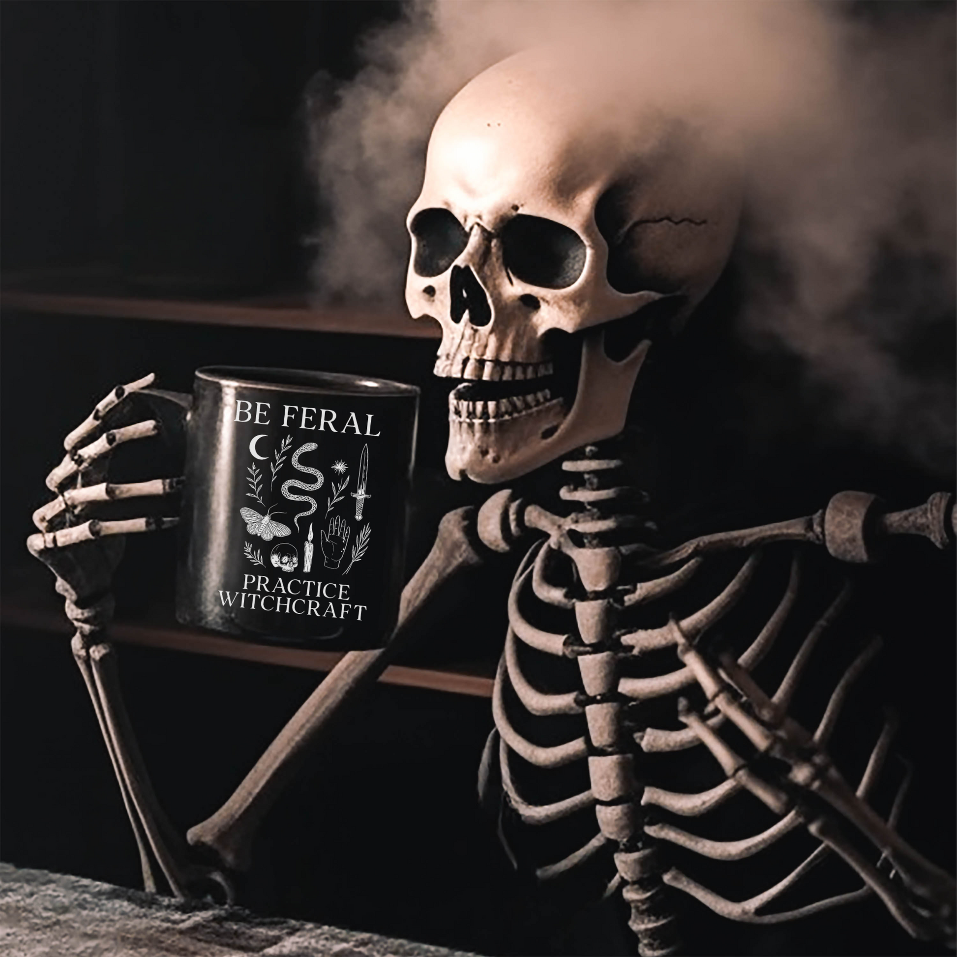 Feral Halloween Coffee Mug, Be Feral Practice Witchcraft Black Mug | Witchcore Cauldron Cup with Snake, Skull & Dagger