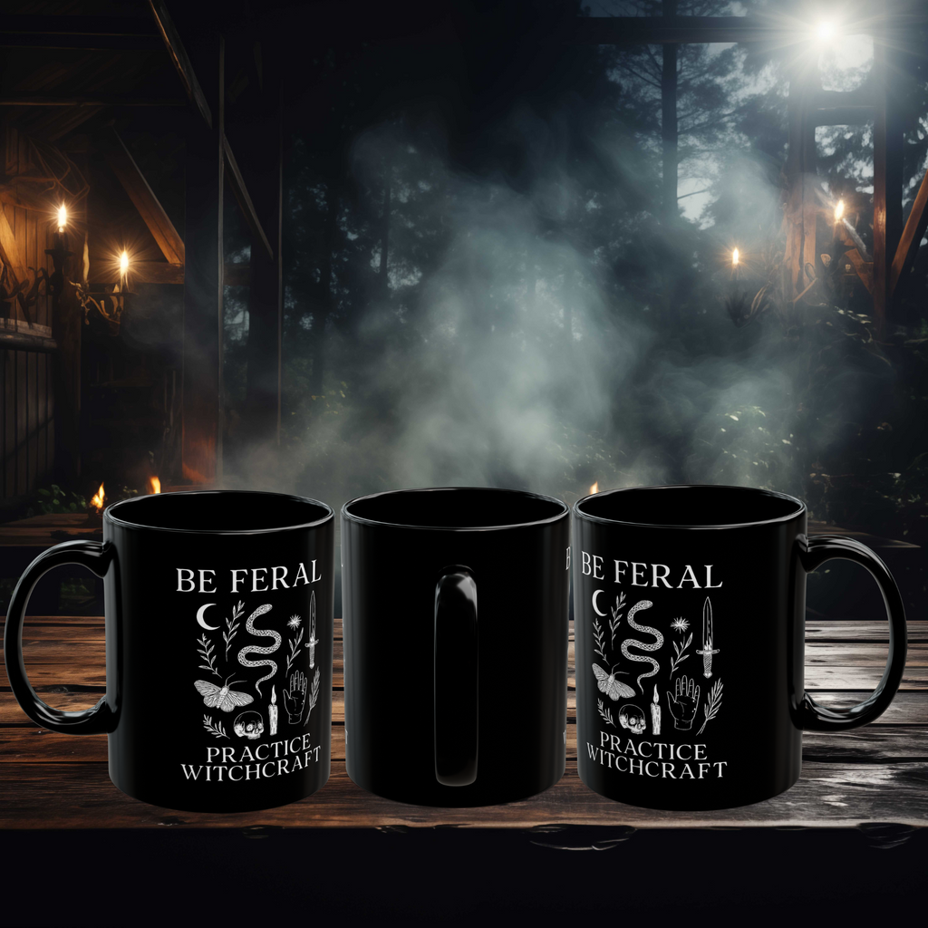 Feral Halloween Coffee Mug, Be Feral Practice Witchcraft Black Mug | Witchcore Cauldron Cup with Snake, Skull & Dagger