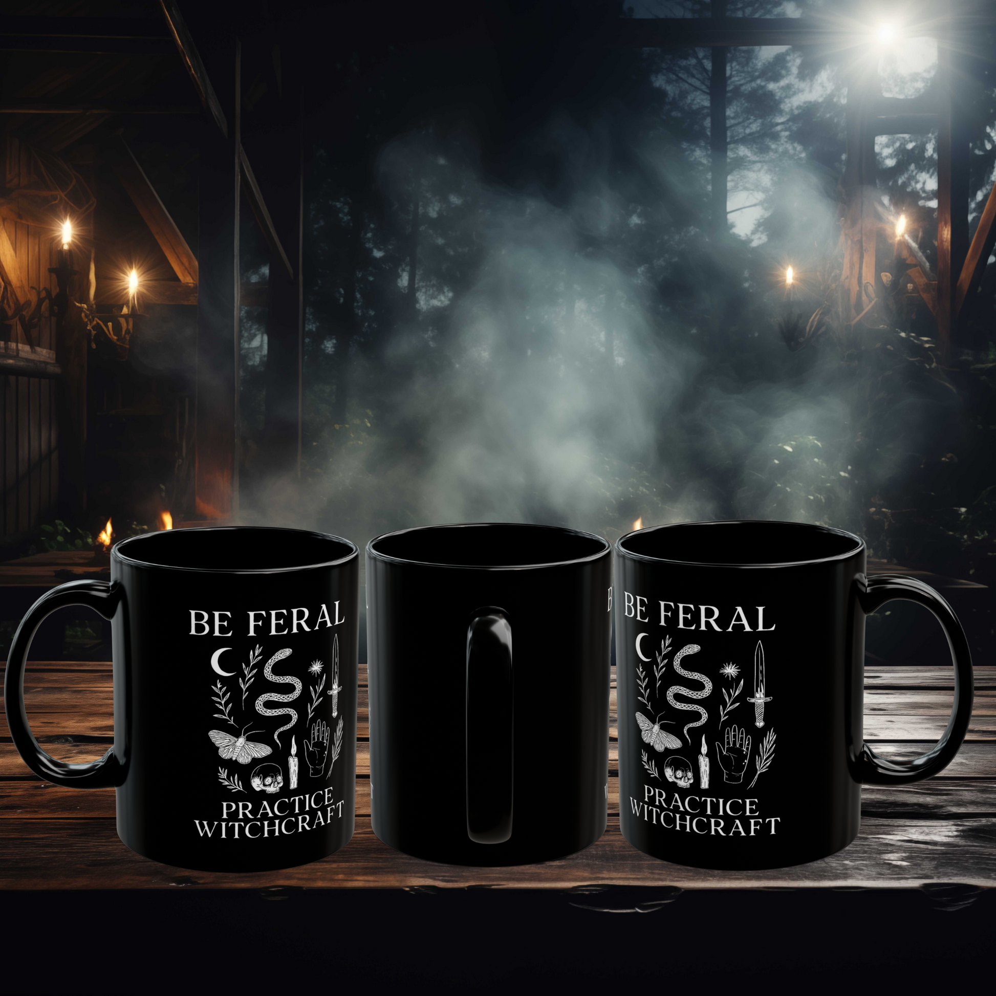 Feral Halloween Coffee Mug, Be Feral Practice Witchcraft Black Mug | Witchcore Cauldron Cup with Snake, Skull & Dagger