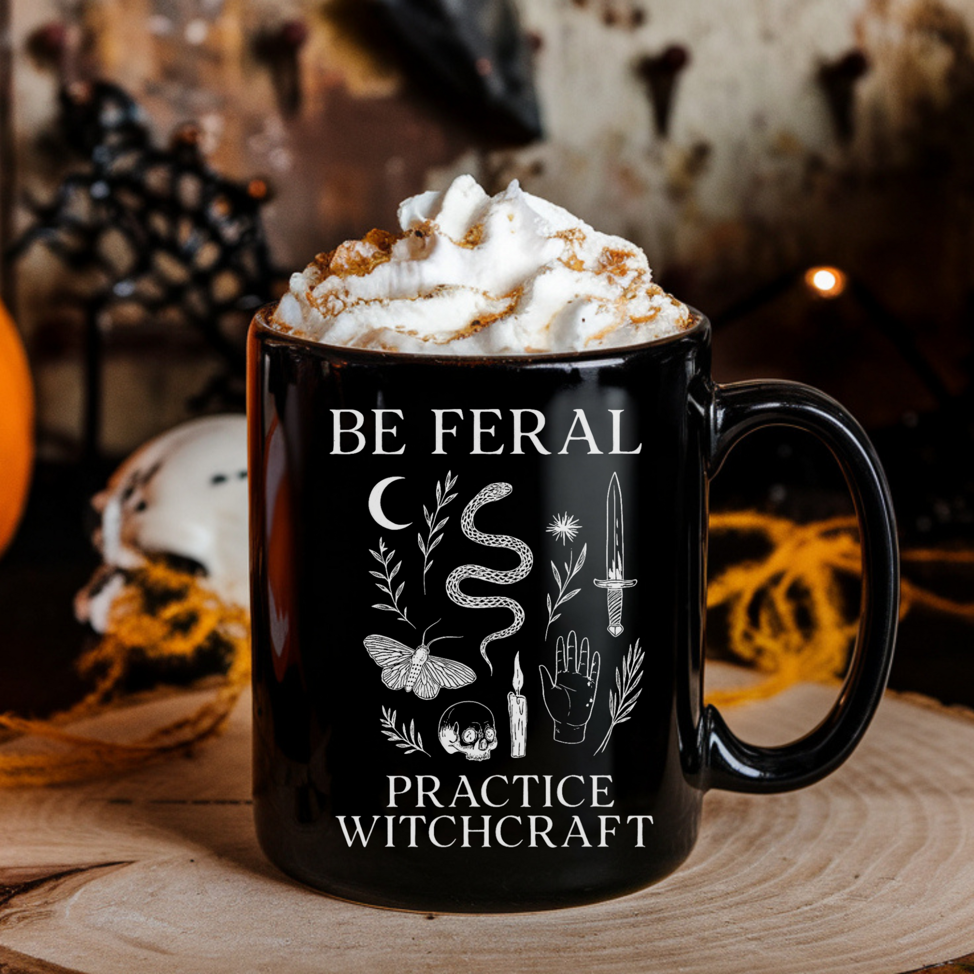Feral Halloween Coffee Mug, Be Feral Practice Witchcraft Black Mug | Witchcore Cauldron Cup with Snake, Skull & Dagger