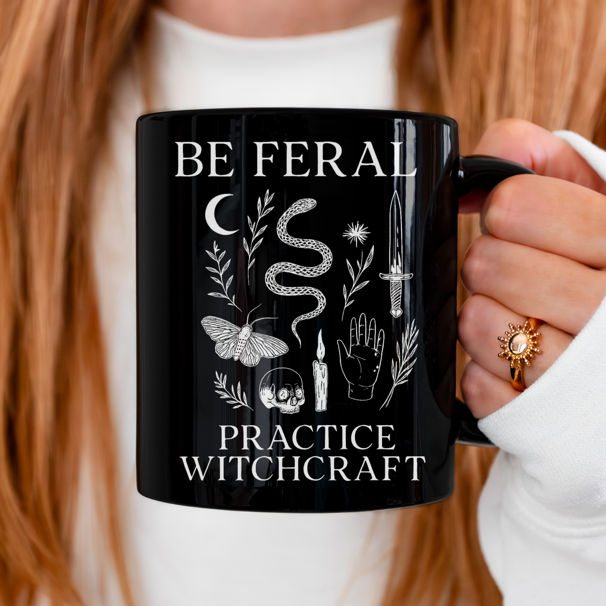 Feral Halloween Coffee Mug, Be Feral Practice Witchcraft Black Mug | Witchcore Cauldron Cup with Snake, Skull & Dagger