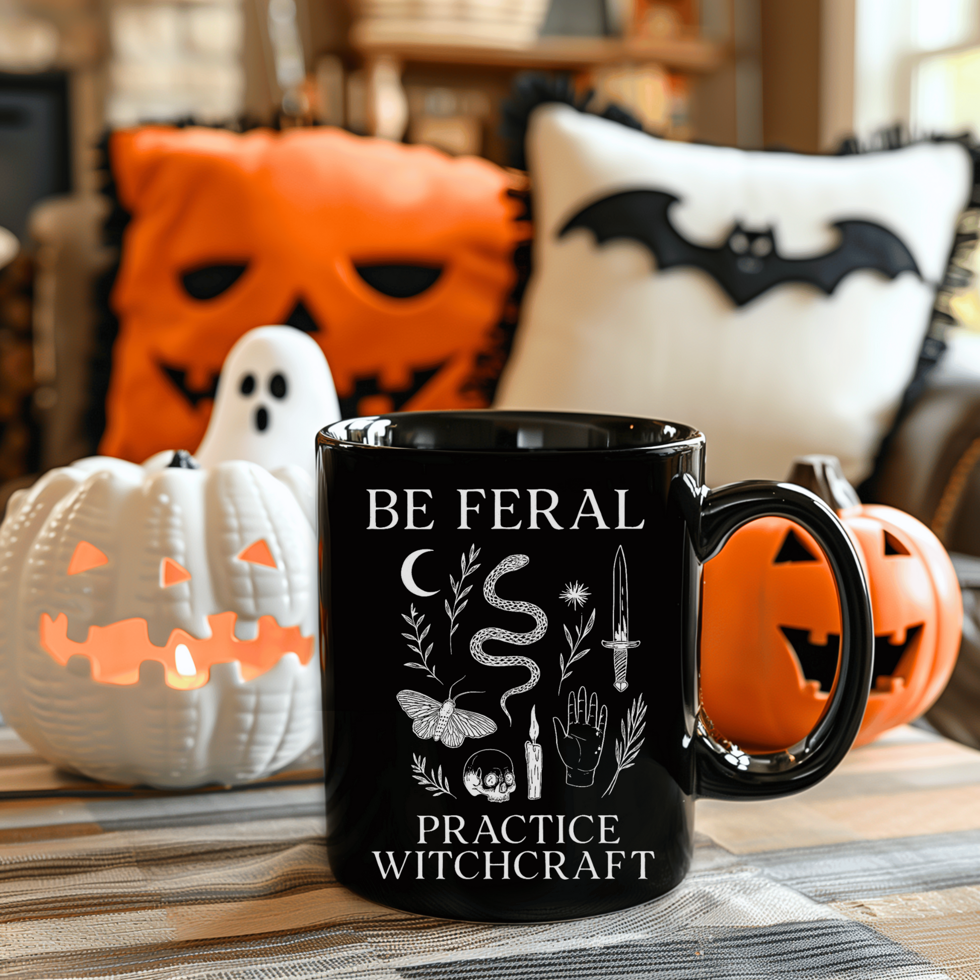 Feral Halloween Coffee Mug, Be Feral Practice Witchcraft Black Mug | Witchcore Cauldron Cup with Snake, Skull & Dagger