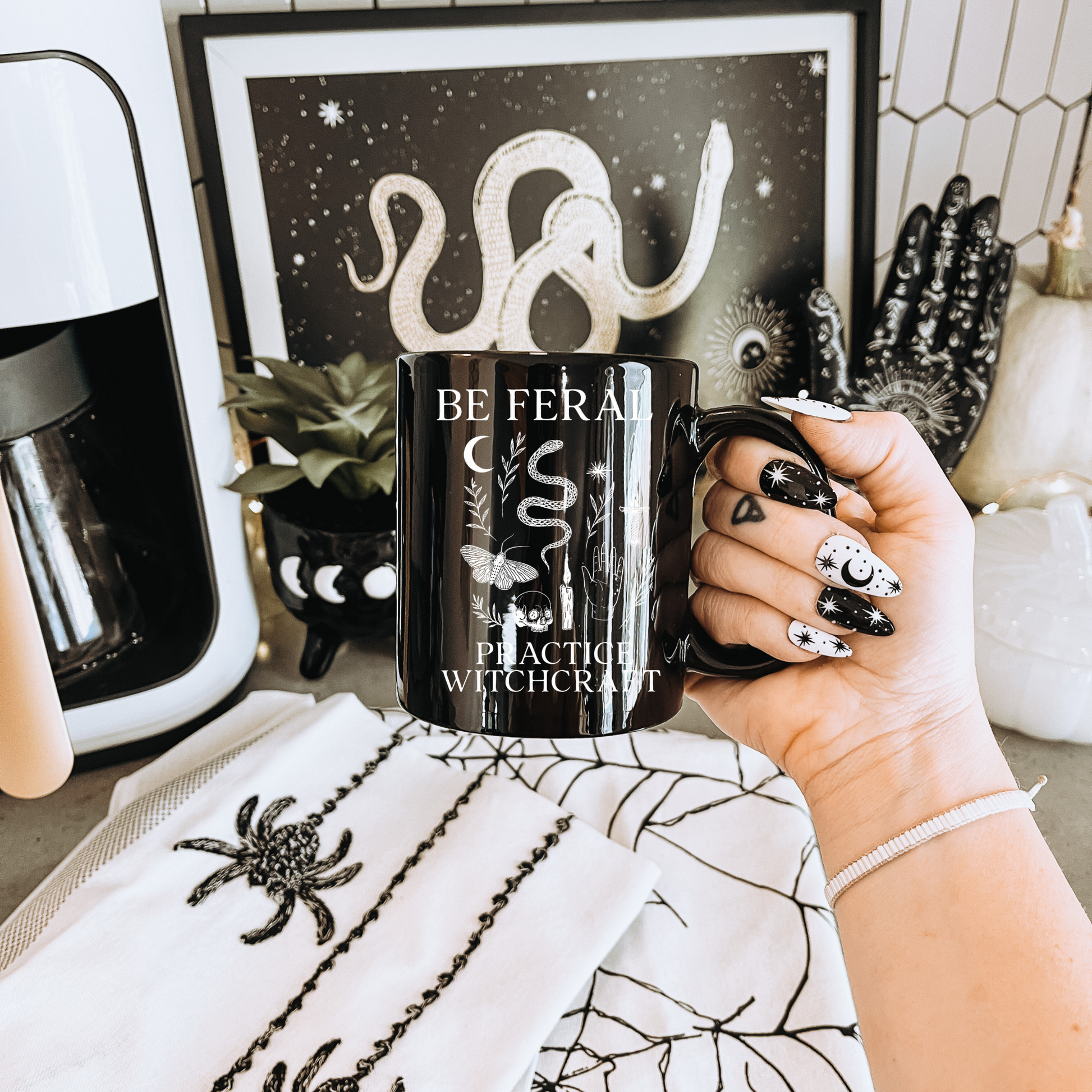 Feral Halloween Coffee Mug, Be Feral Practice Witchcraft Black Mug | Witchcore Cauldron Cup with Snake, Skull & Dagger