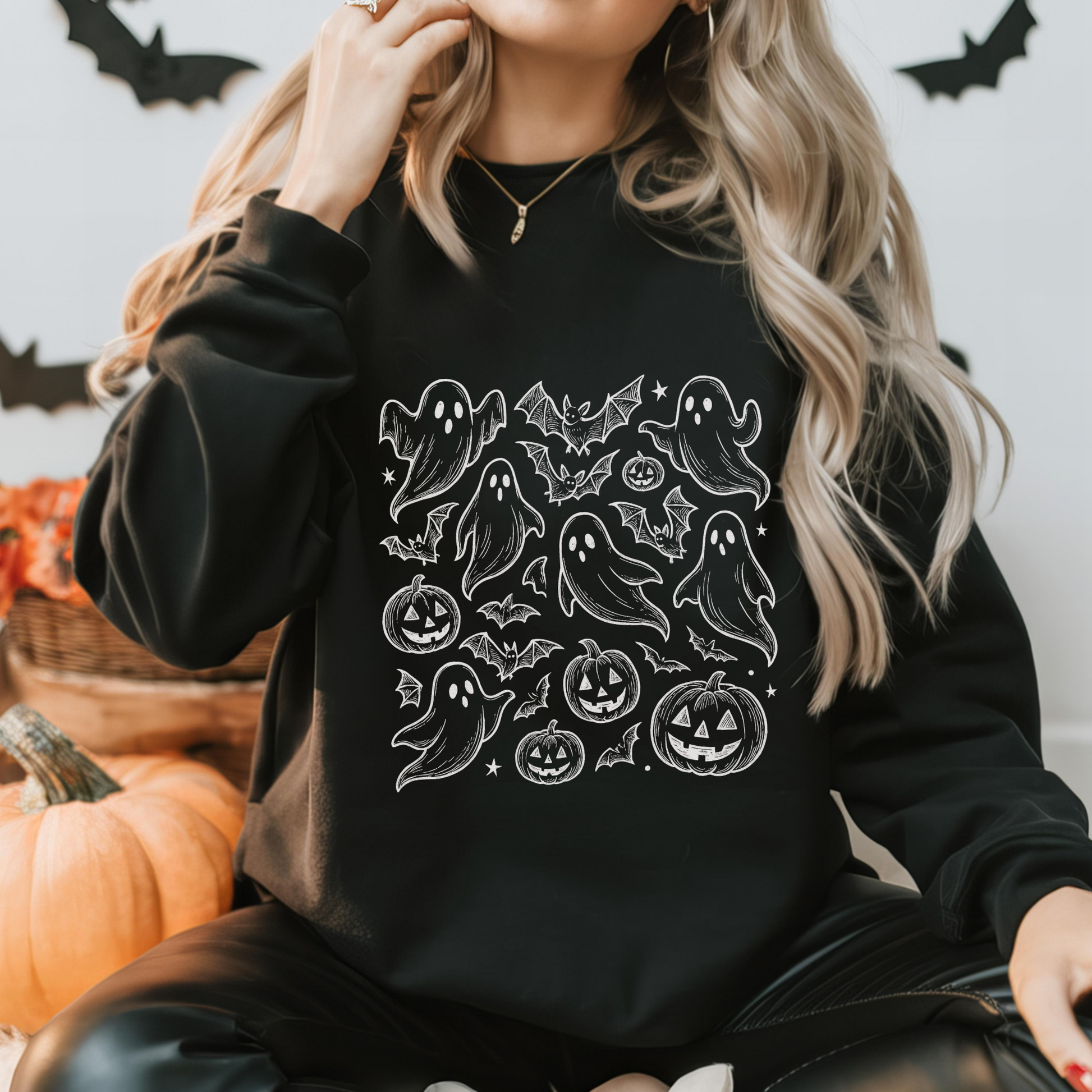 Doodle Ghost Sweatshirt, Cute Halloween Ghost Crewneck for Spooky Season,  Gildan Fall Pullover
