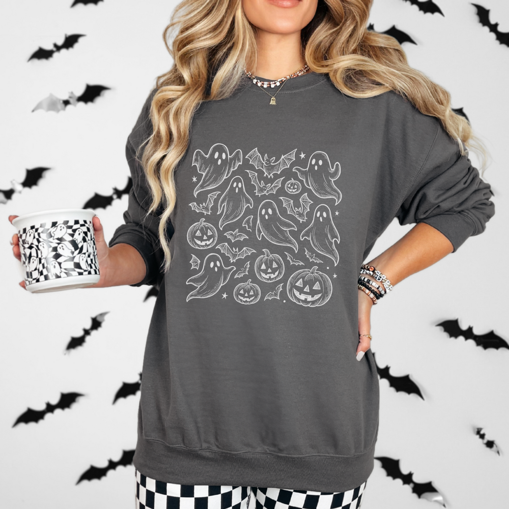 Doodle Ghost Sweatshirt, Cute Halloween Ghost Crewneck for Spooky Season,  Gildan Fall Pullover