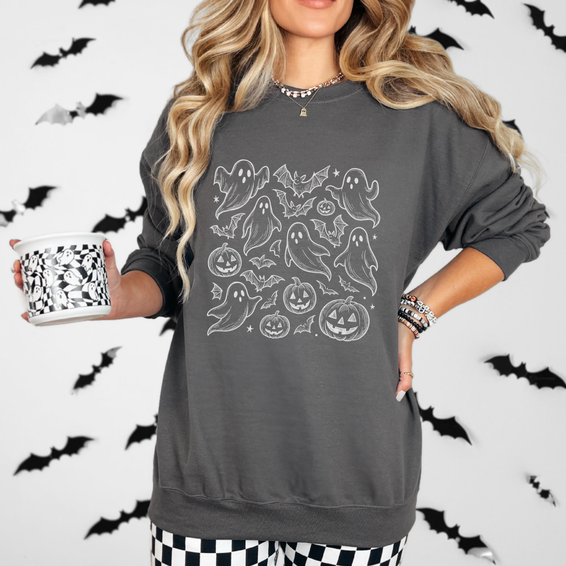 Doodle Ghost Sweatshirt, Cute Halloween Ghost Crewneck for Spooky Season,  Gildan Fall Pullover
