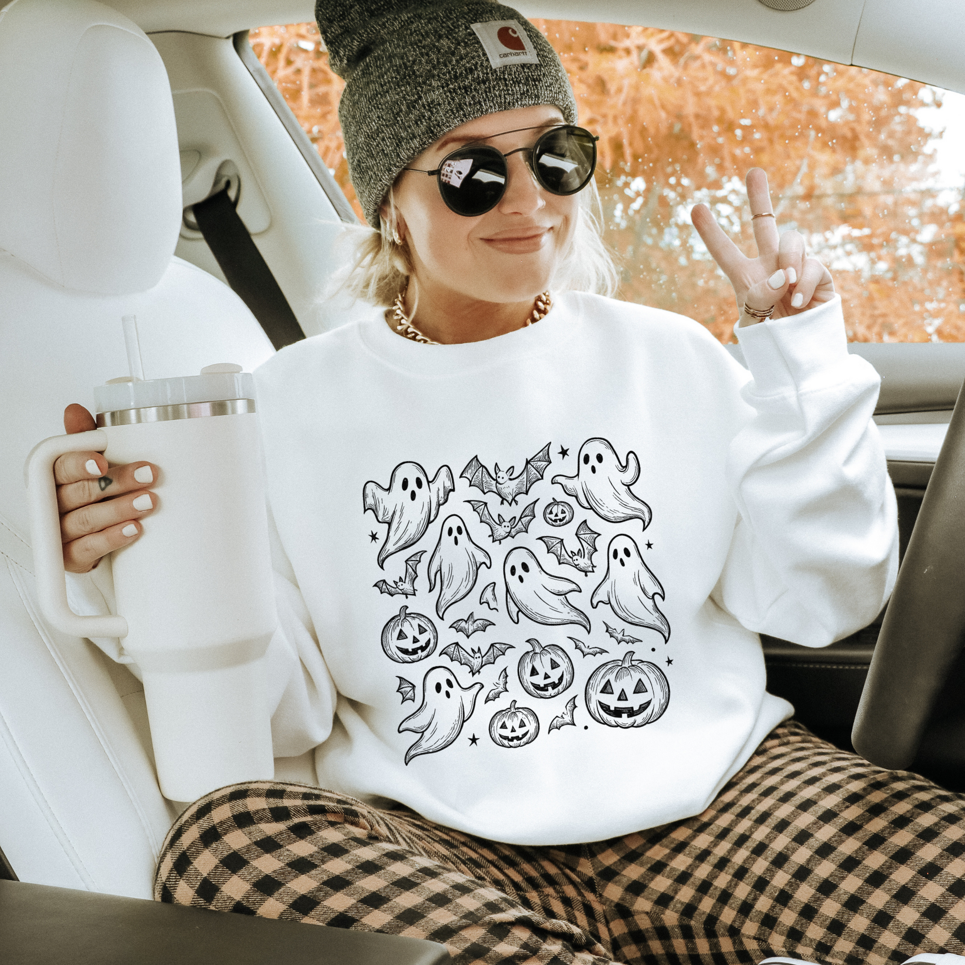 Doodle Ghost Sweatshirt, Cute Halloween Ghost Crewneck for Spooky Season,  Gildan Fall Pullover