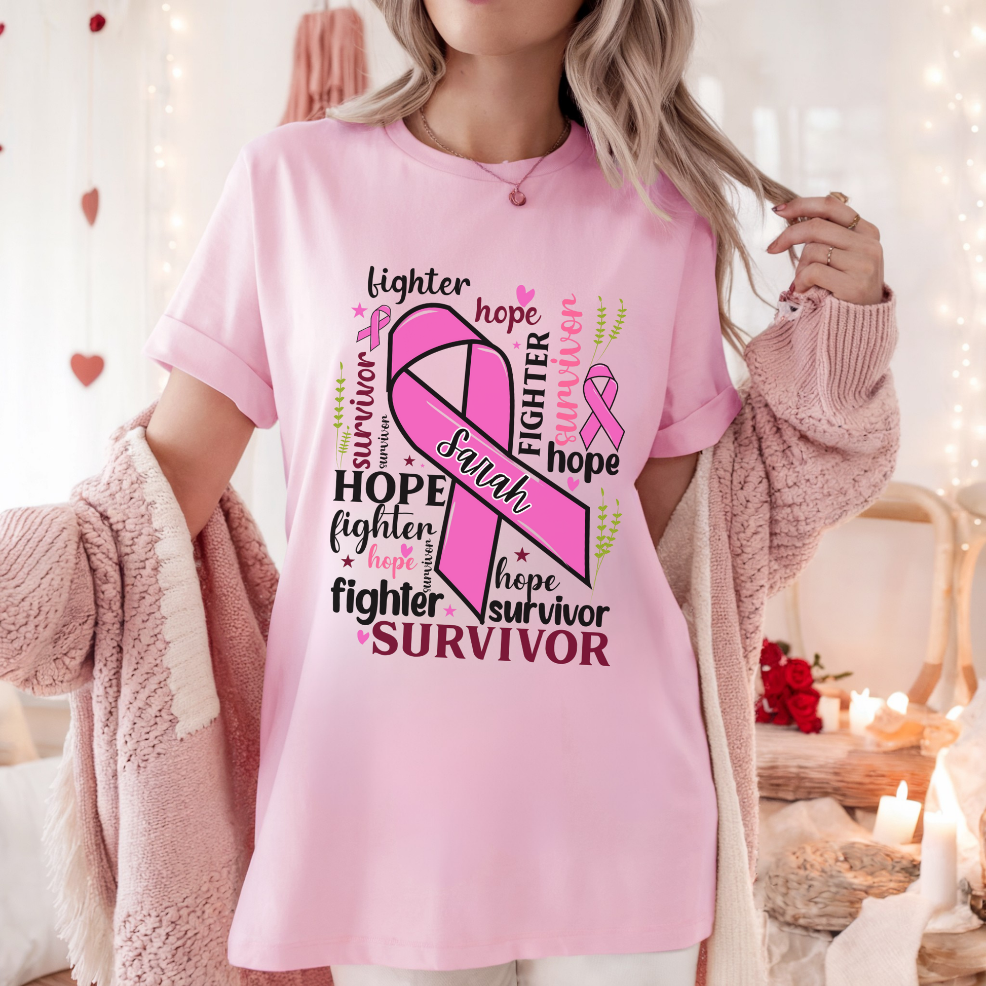 Personalized Breast Cancer Awareness Shirt, Cancer Survivor Shirt with Pink Ribbon, Hope, Fighter and Survivor Gift