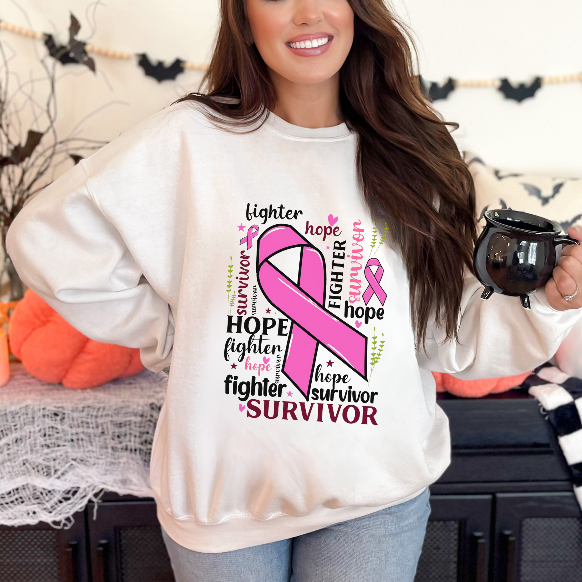 Breast Cancer Awareness Sweatshirt - Hope, Fighter, Survivor, Support Gift, Unisex Crewneck, Inspirational Apparel