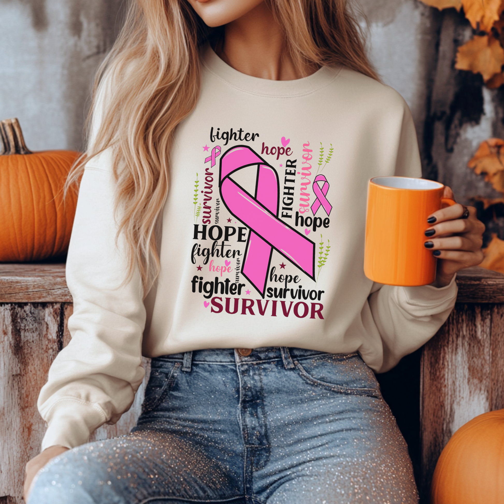 Breast Cancer Awareness Sweatshirt - Hope, Fighter, Survivor, Support Gift, Unisex Crewneck, Inspirational Apparel