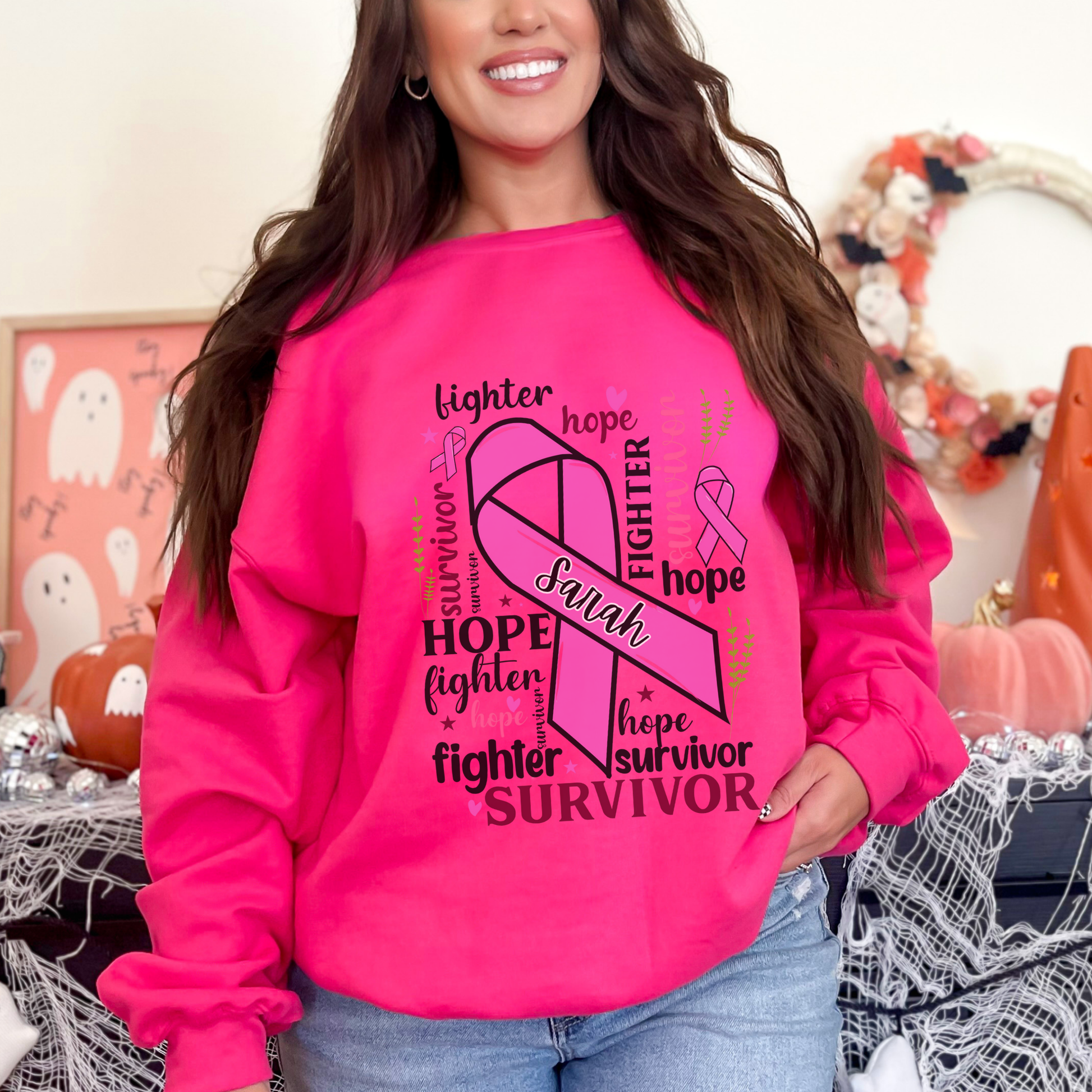 Breast Cancer Awareness Sweatshirt - Hope, Fighter, Survivor, Support Gift, Unisex Crewneck, Inspirational Apparel