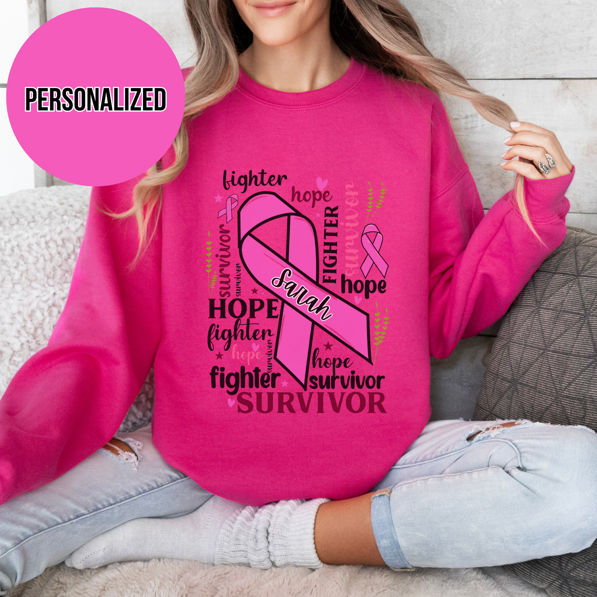 Breast Cancer Awareness Sweatshirt - Hope, Fighter, Survivor, Support Gift, Unisex Crewneck, Inspirational Apparel