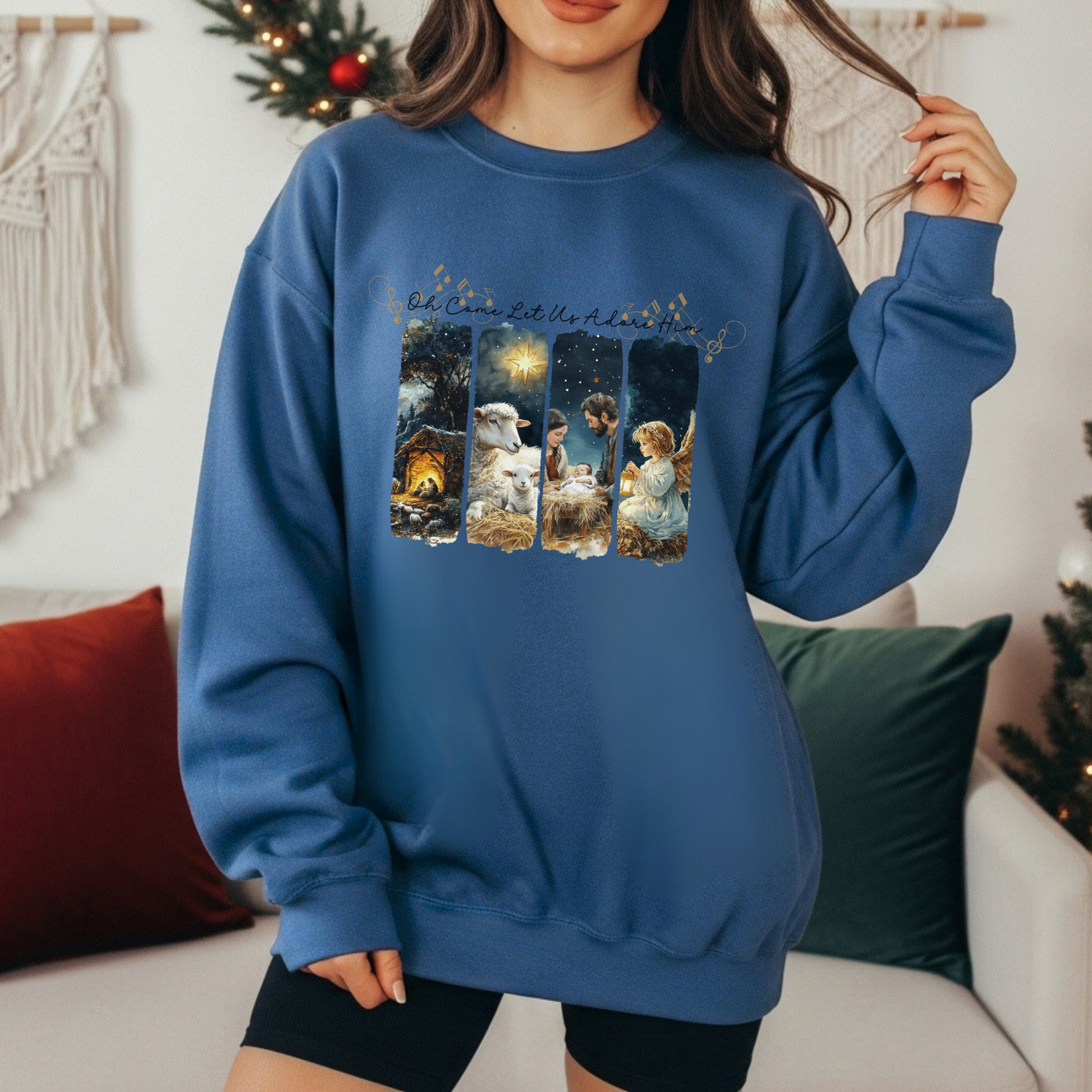 Nativity Christmas Sweatshirt, Oh Come Let Us Adore Him, Christian Hymn, Choir Caroling Holiday Shirt