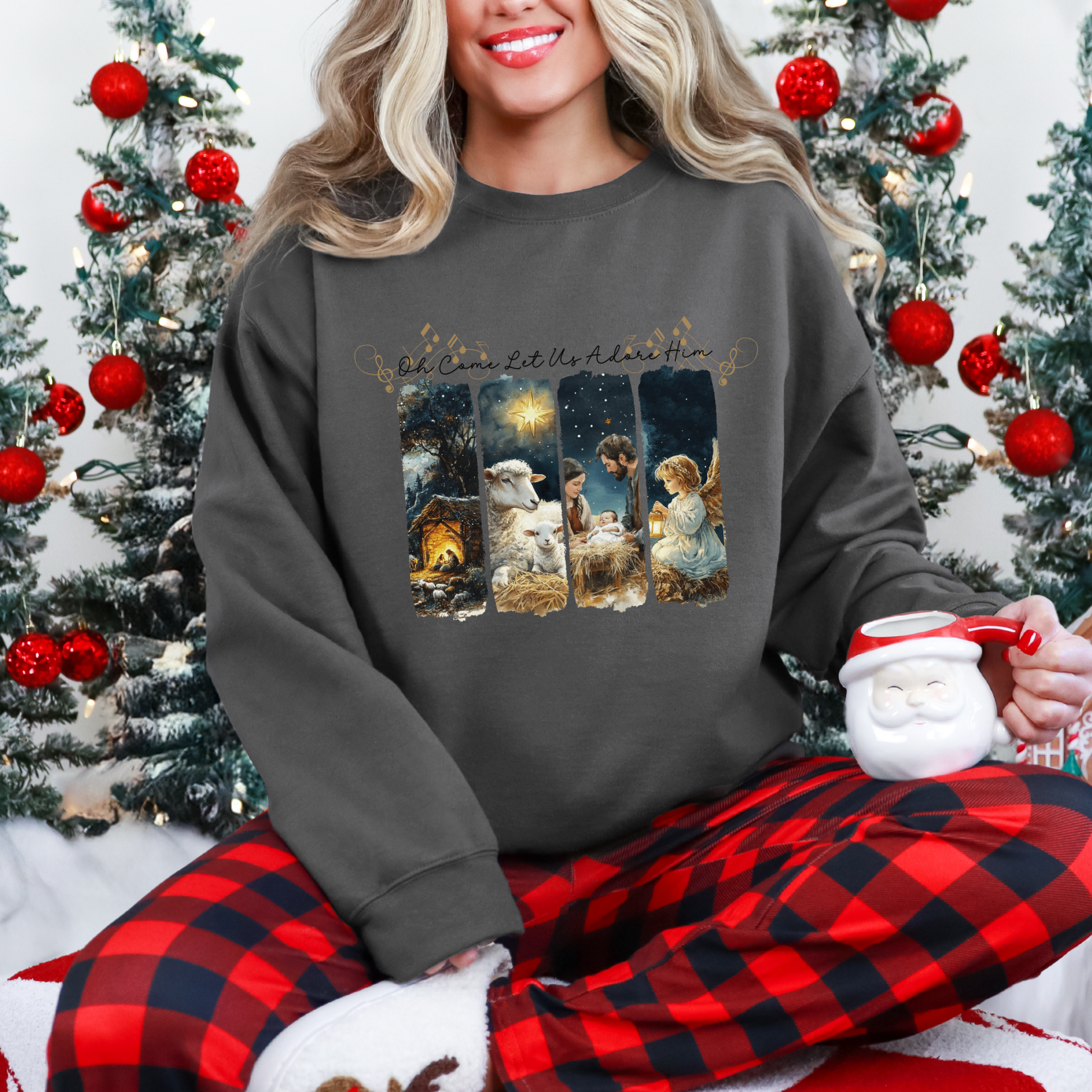 Nativity Christmas Sweatshirt, Oh Come Let Us Adore Him, Christian Hymn, Choir Caroling Holiday Shirt