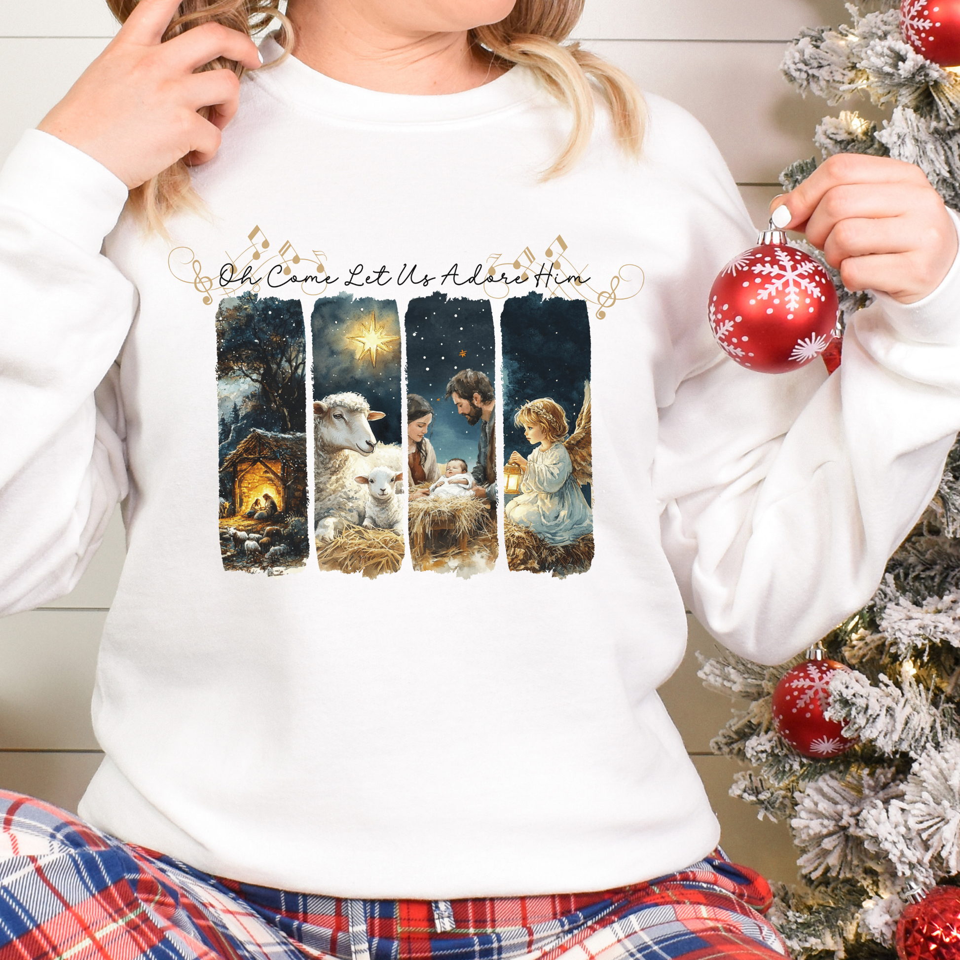 Nativity Christmas Sweatshirt, Oh Come Let Us Adore Him, Christian Hymn, Choir Caroling Holiday Shirt