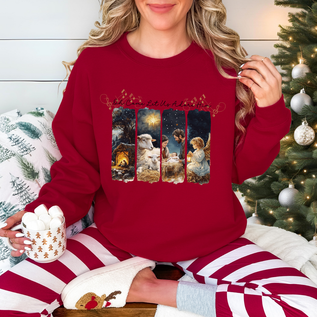 Nativity Christmas Sweatshirt, Oh Come Let Us Adore Him, Christian Hymn, Choir Caroling Holiday Shirt