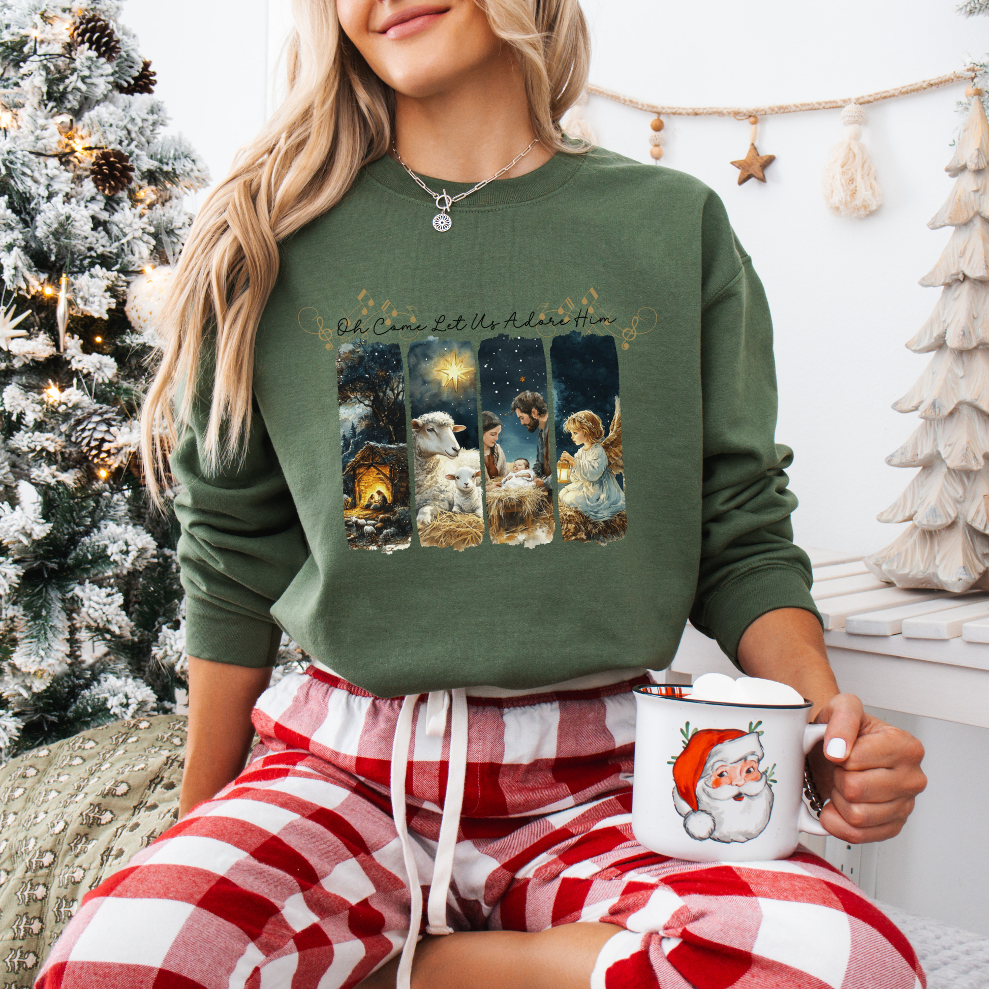 Nativity Christmas Sweatshirt, Oh Come Let Us Adore Him, Christian Hymn, Choir Caroling Holiday Shirt